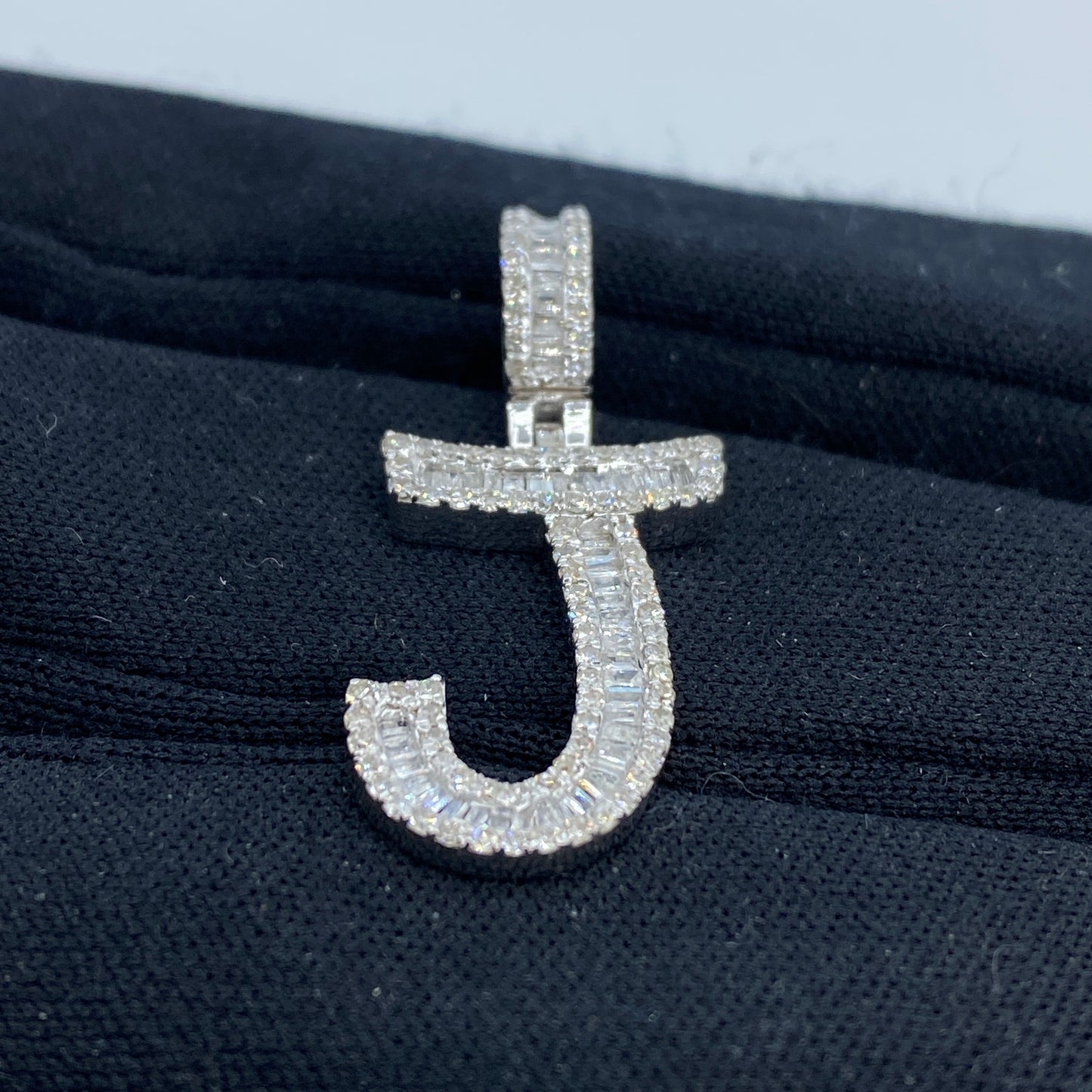 14K Initial J Diamond Baguette Pendant
