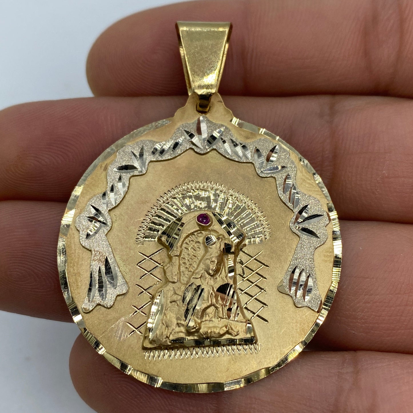 14K Saint Caridad del Cobre Round Medallion Pendant 2.0"