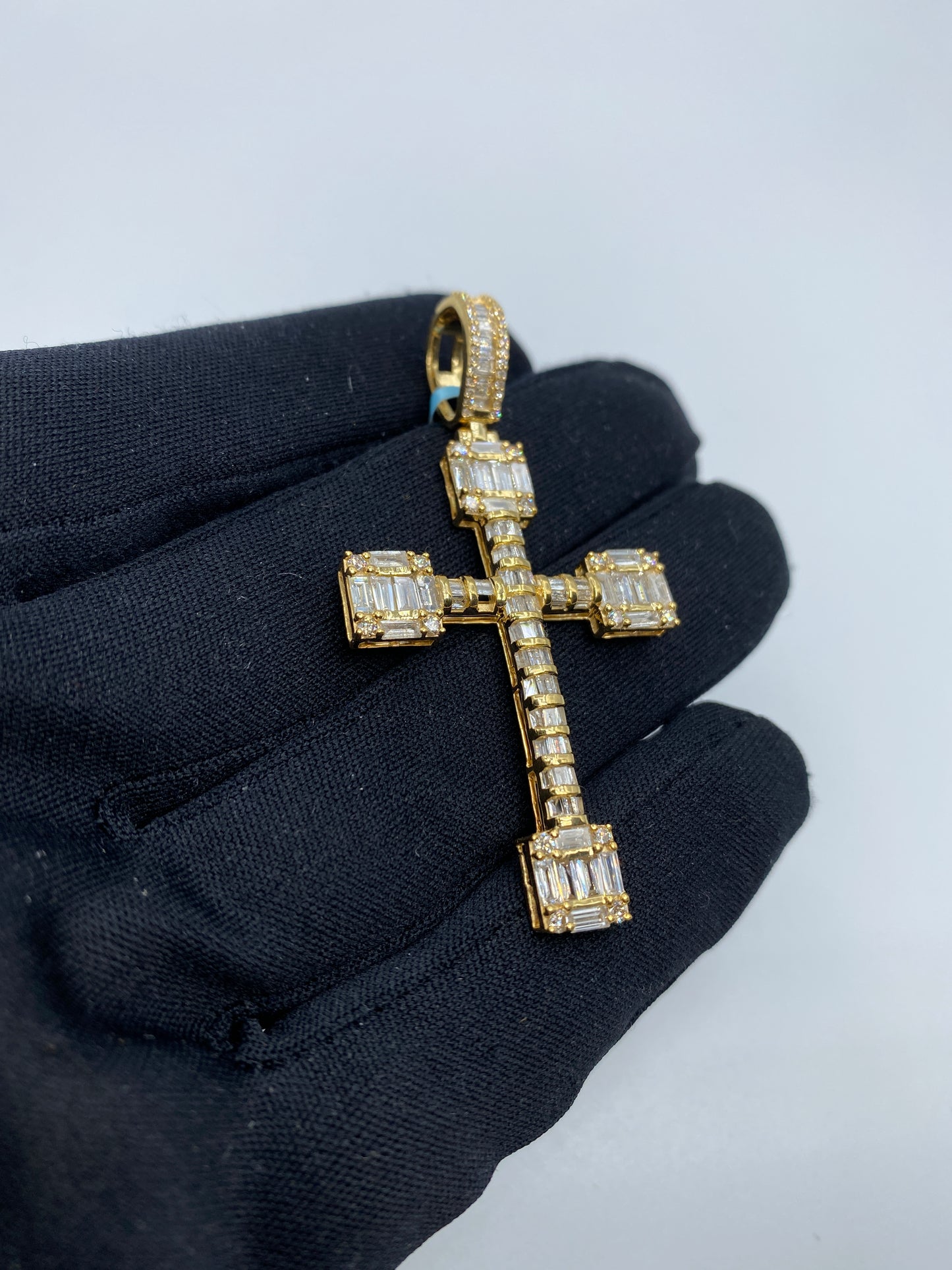 14K Square Diamond Baguette Cross Pendant