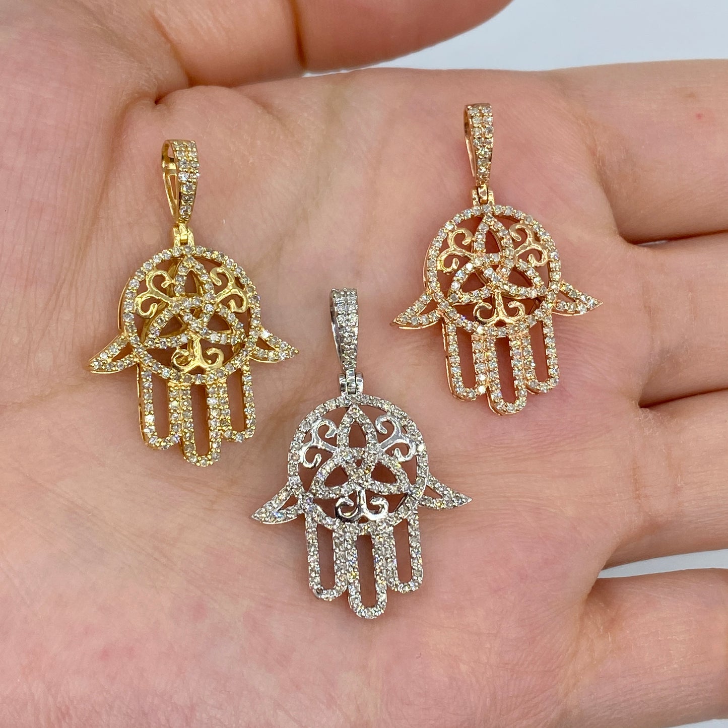 14K Floral Hamsa Diamond Pendant