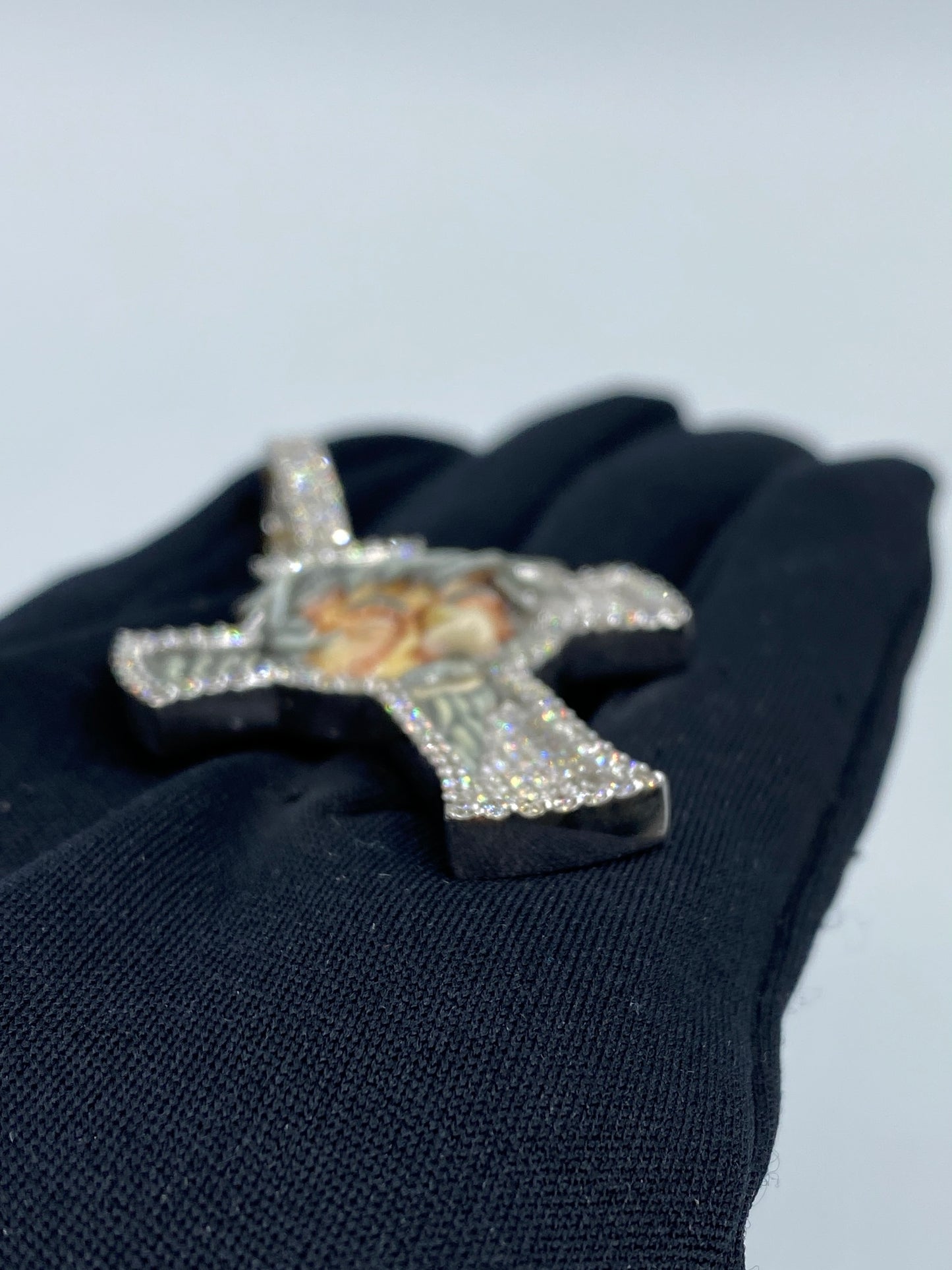 10K Jesus Cross Enamel Diamond Pendant 3.7ct