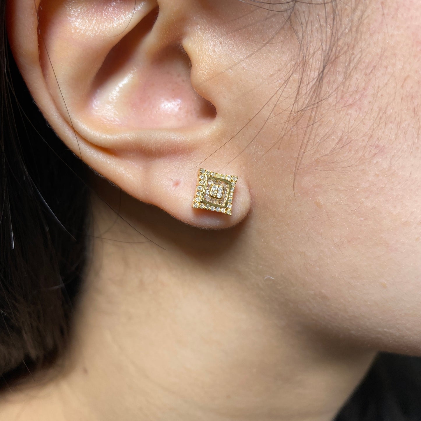 14K Square Crown Diamond Baguette Stud Earrings