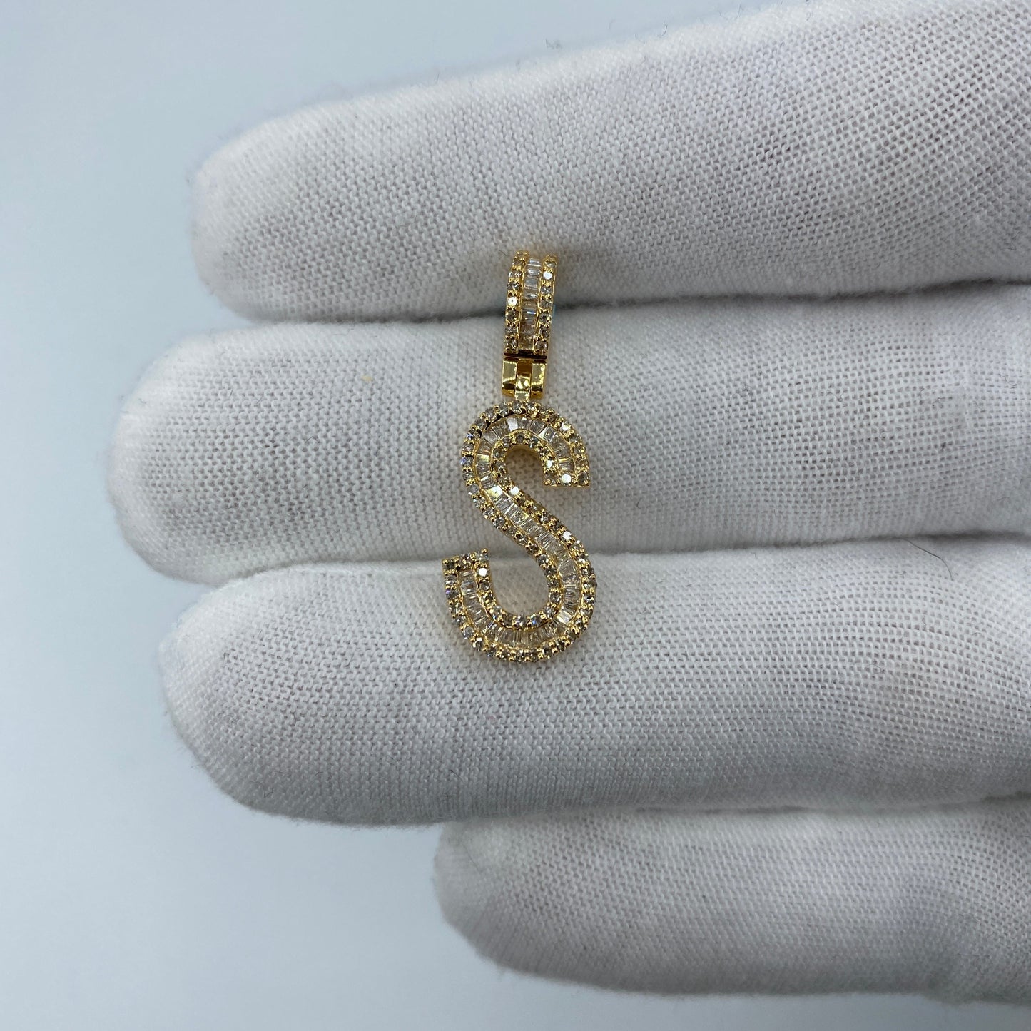 14K Initial S Diamond Baguette Pendant