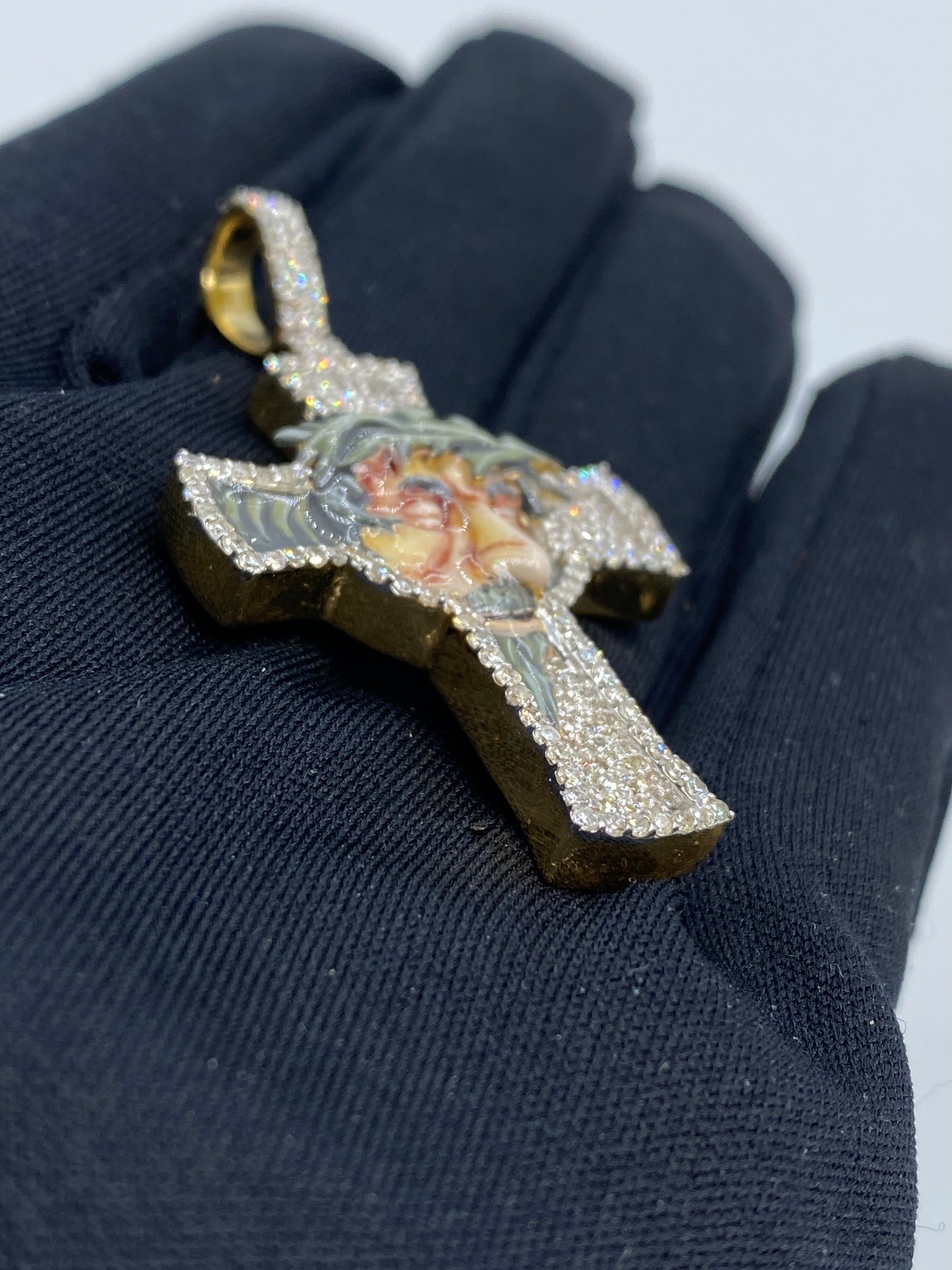 10K Jesus Cross Enamel Diamond Pendant 2.1ct