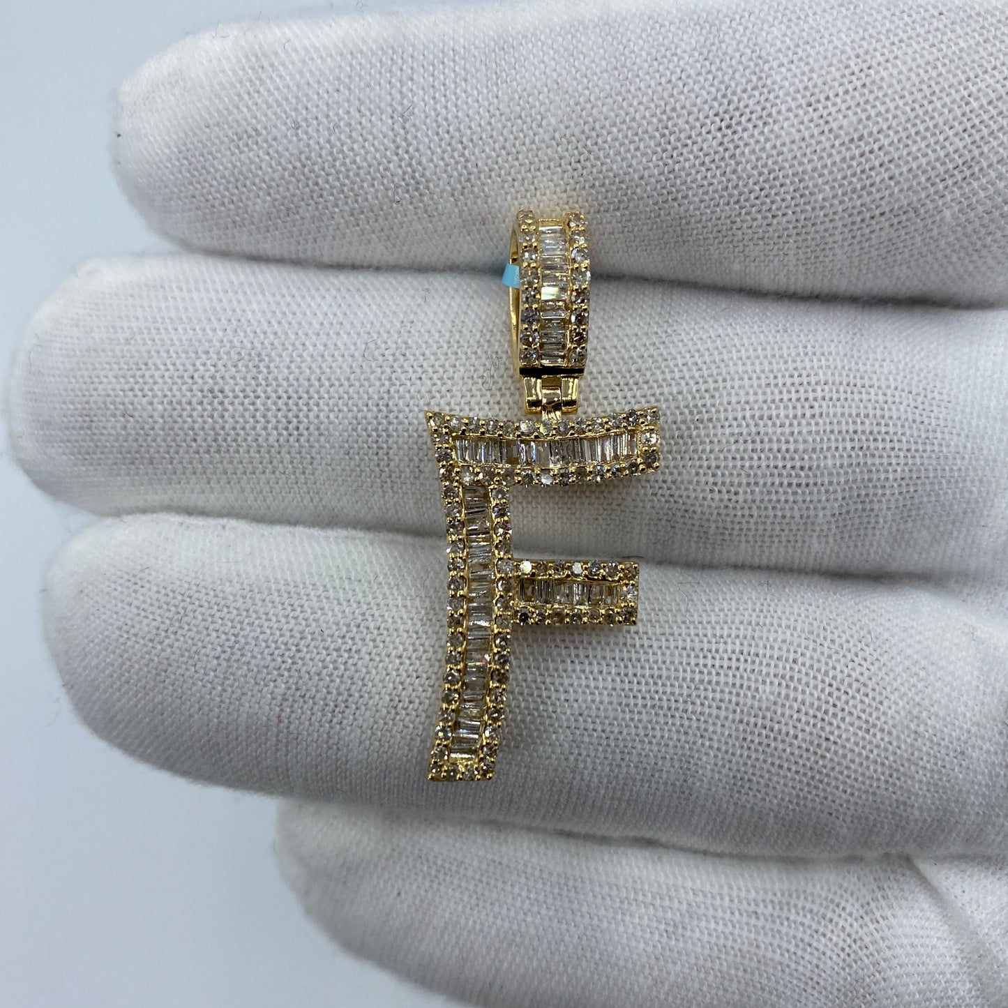 14K Initial F Diamond Baguette Pendant