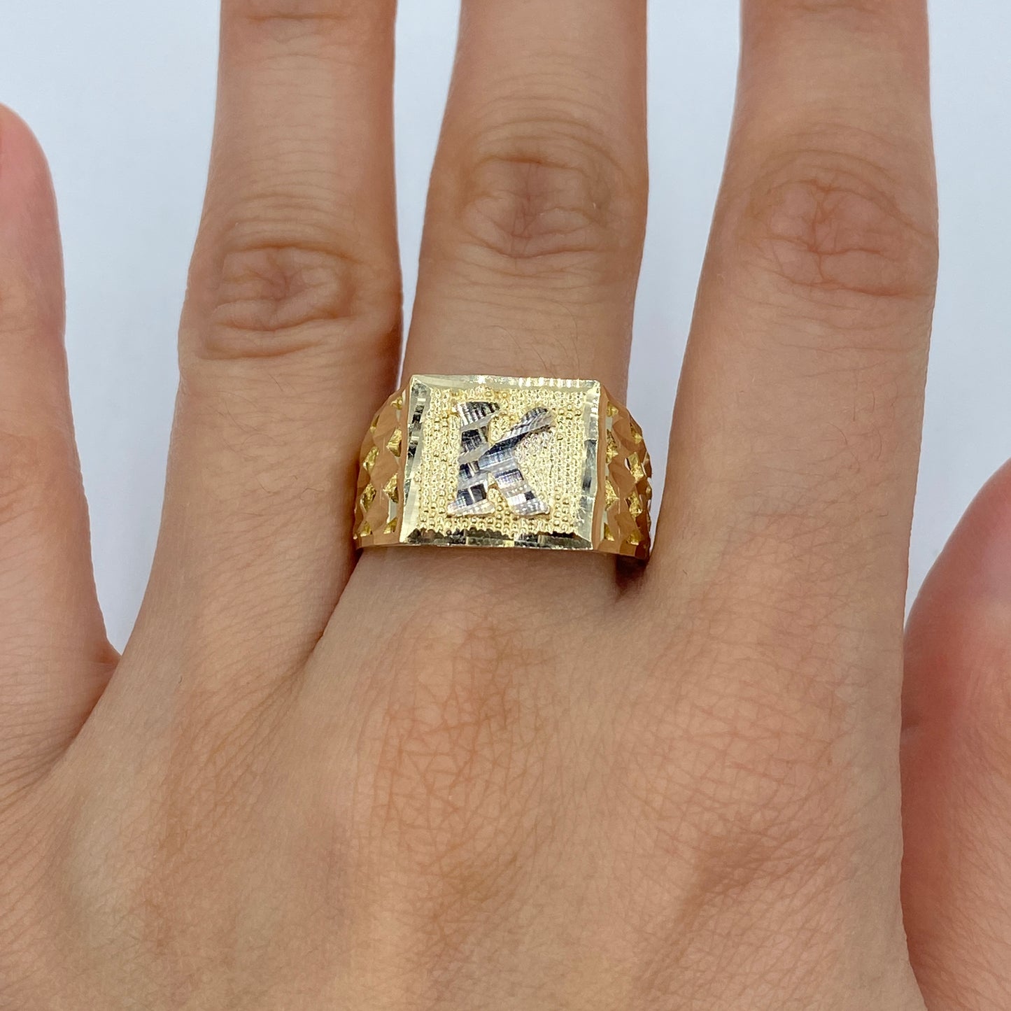 10K Initial Letter Square Block Ring