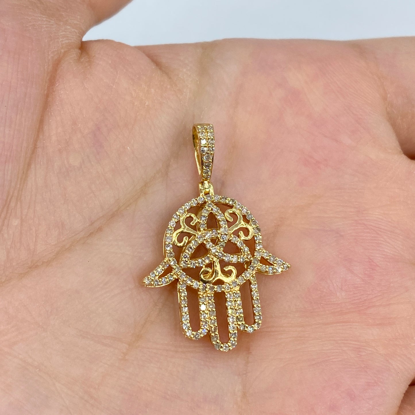 14K Floral Hamsa Diamond Pendant