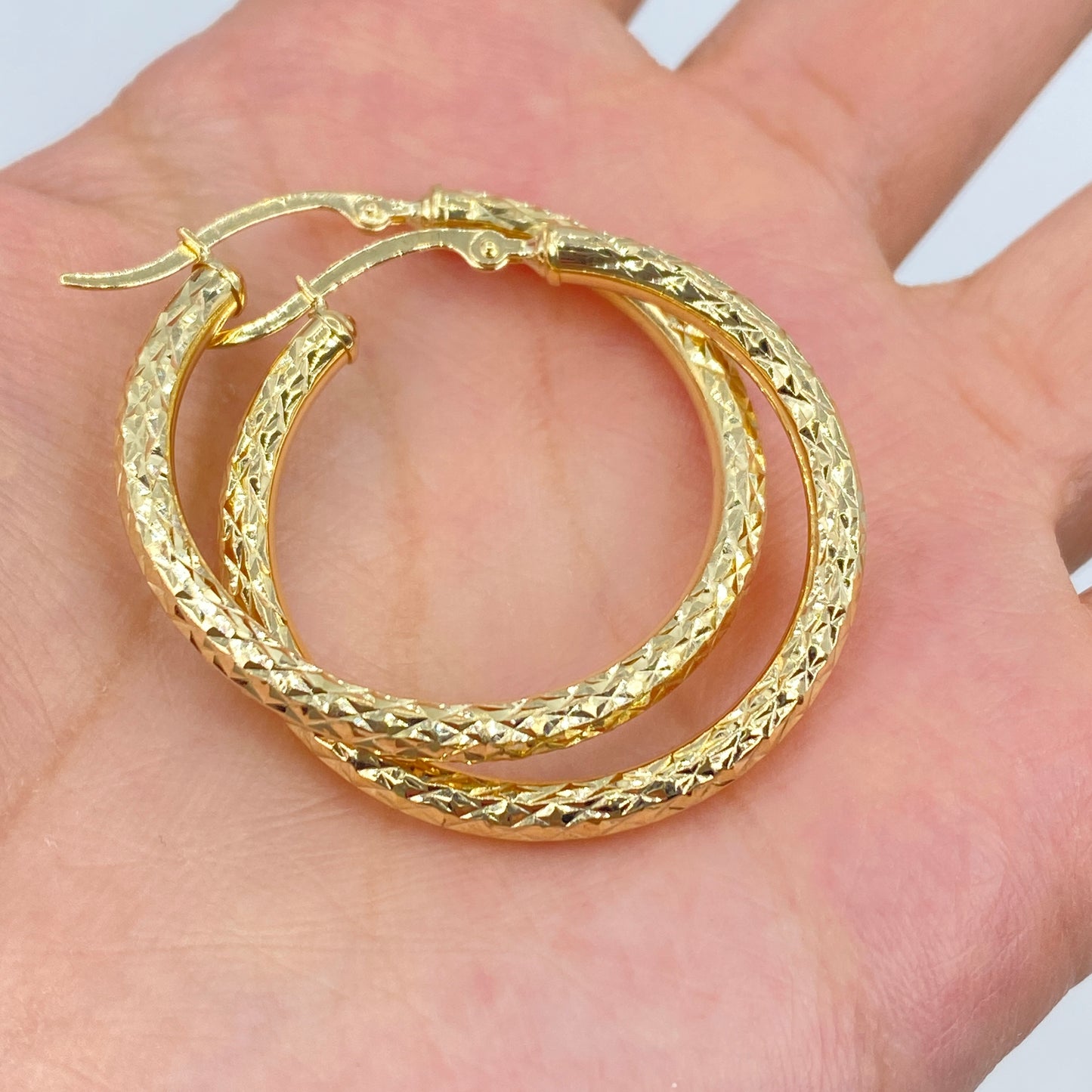 14K Alligator Diamond-Cut Textured Gold Hoop Earrings 3.5MM