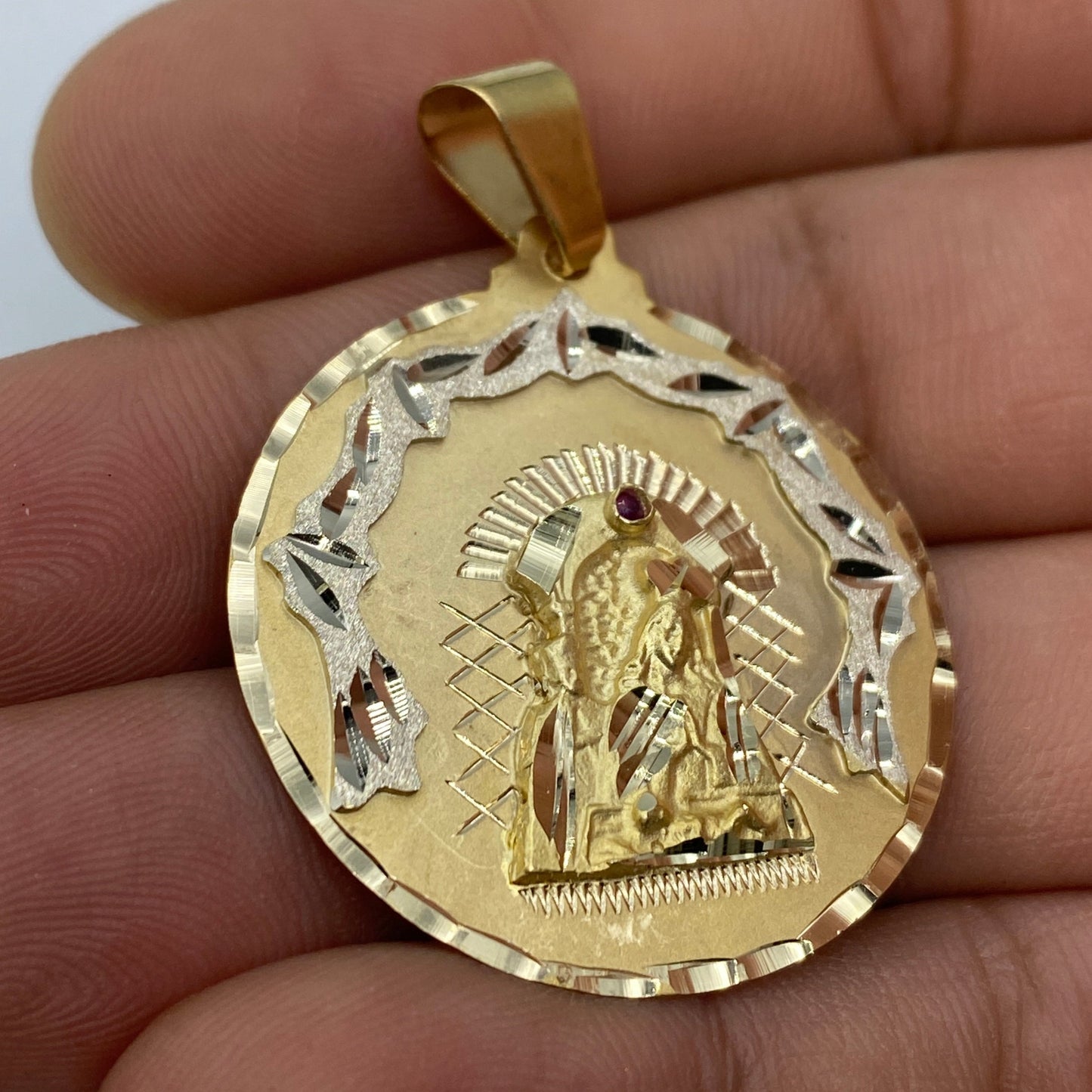 14K Saint Caridad del Cobre Round Medallion Pendant 1.75"