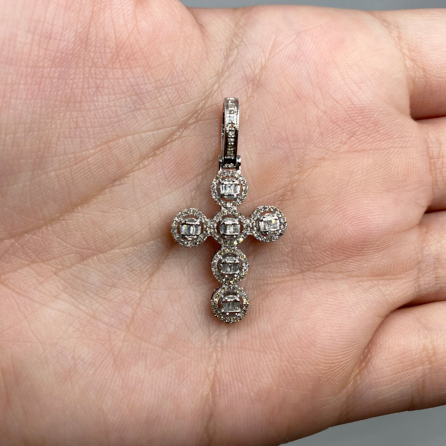 14K Cross Circle Diamond Baguette Pendant