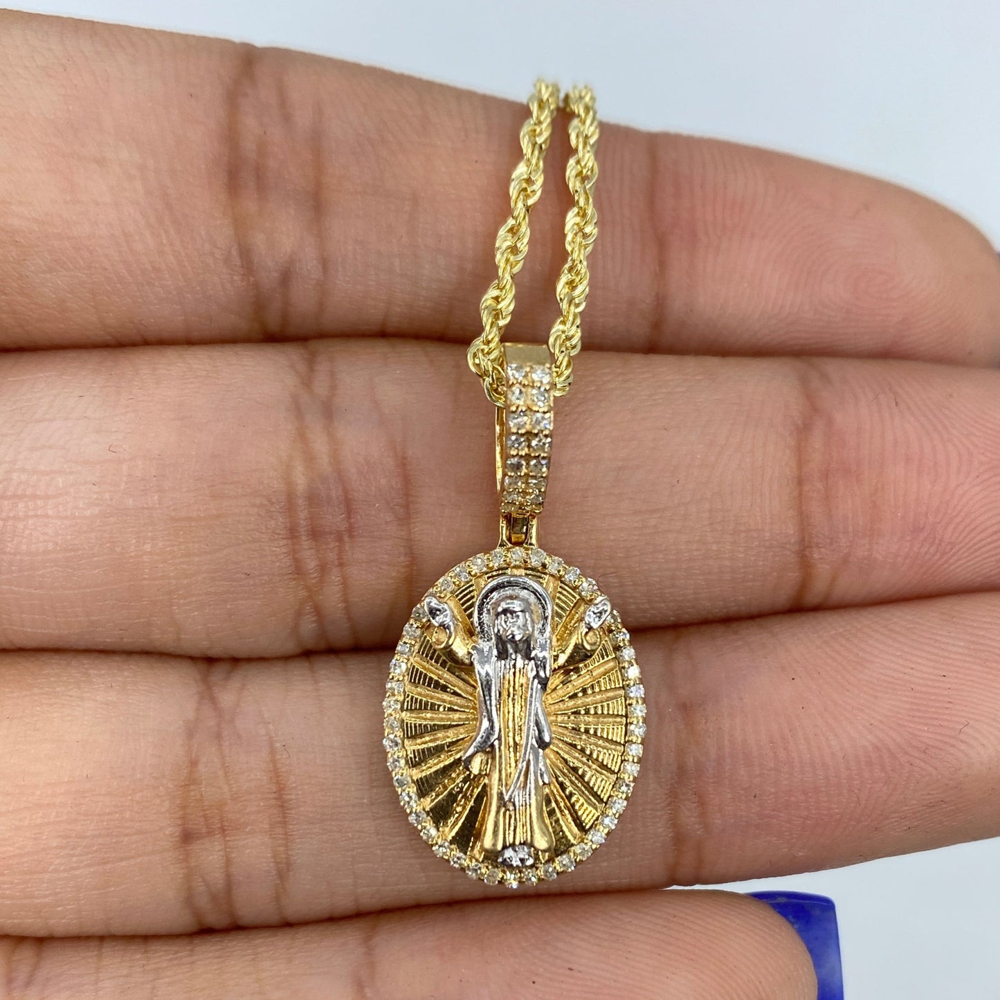 14K Jesus Save Us Medal Diamond Pendant