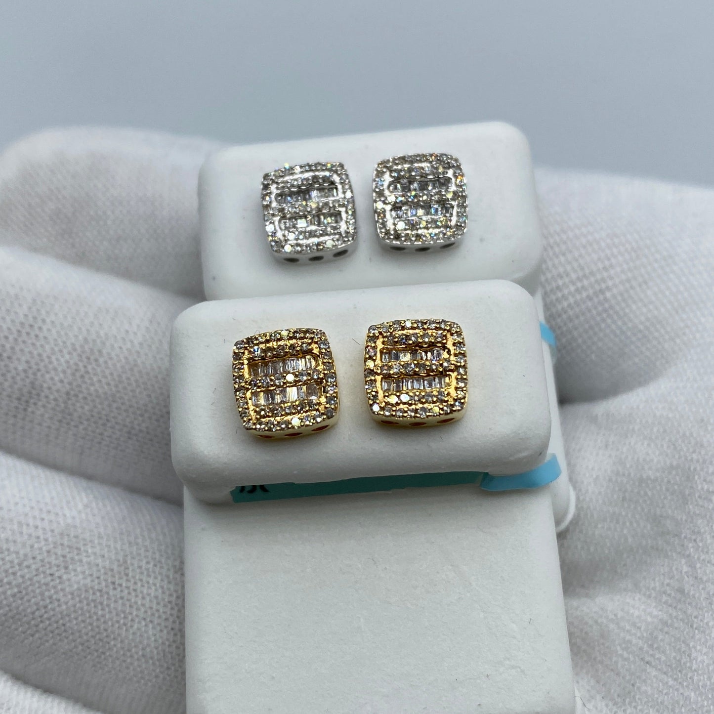 14K Square Double-Row Diamond Baguette Earrings