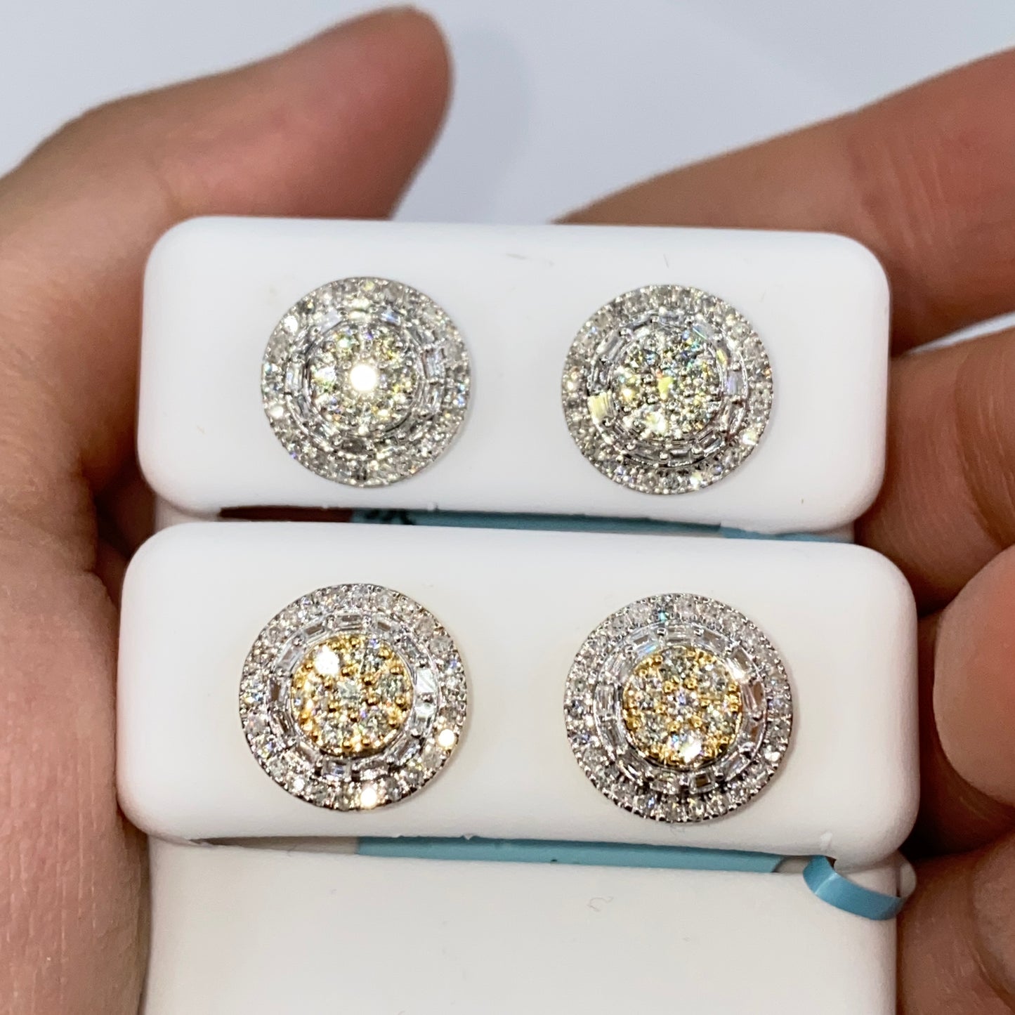 14K Jumbo Circle Flower Halo Diamond Baguette Earrings