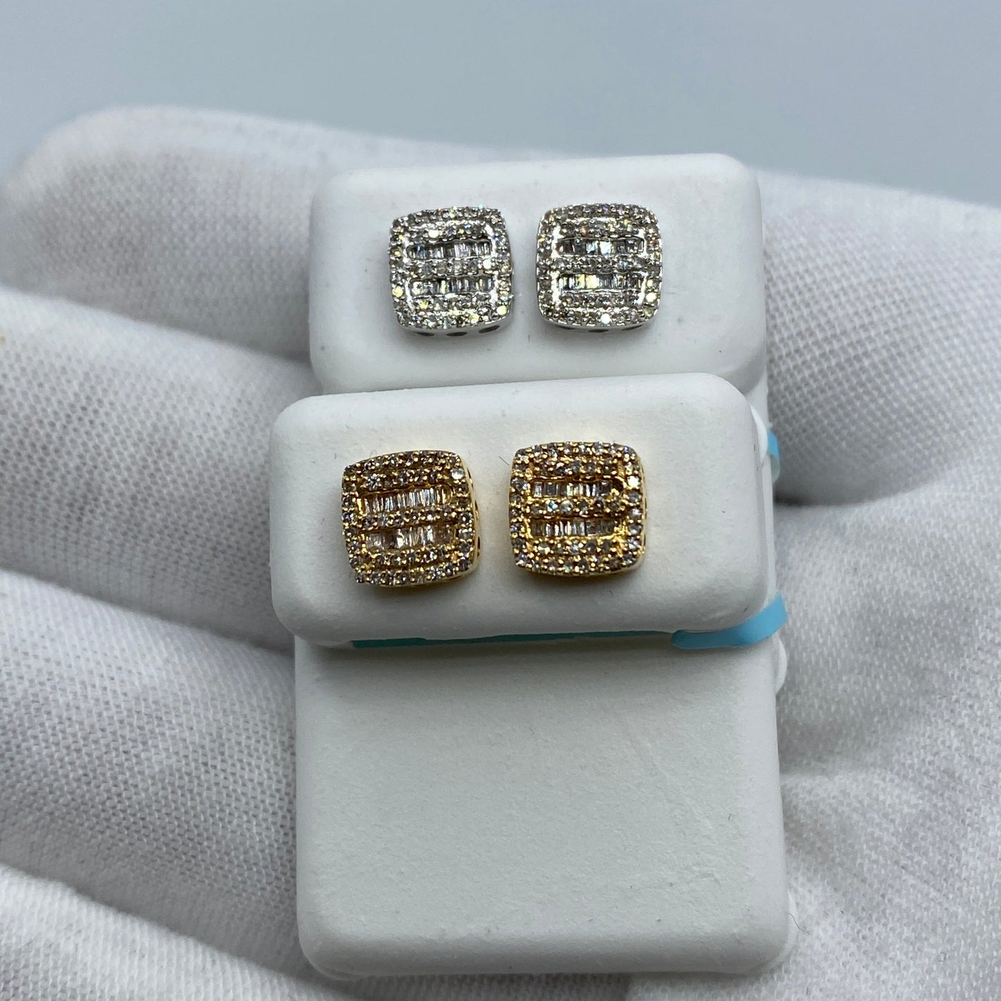 14K Square Double-Row Diamond Baguette Earrings