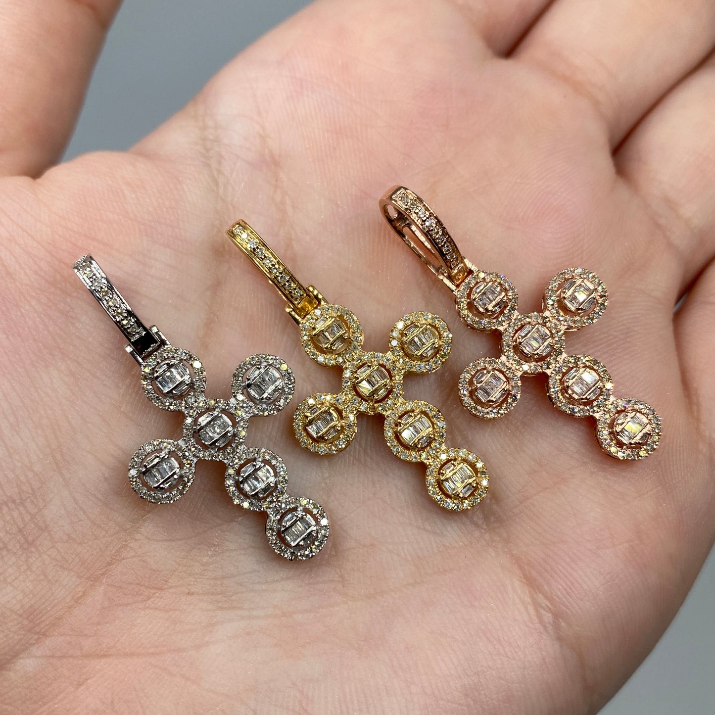 14K Cross Circle Diamond Baguette Pendant