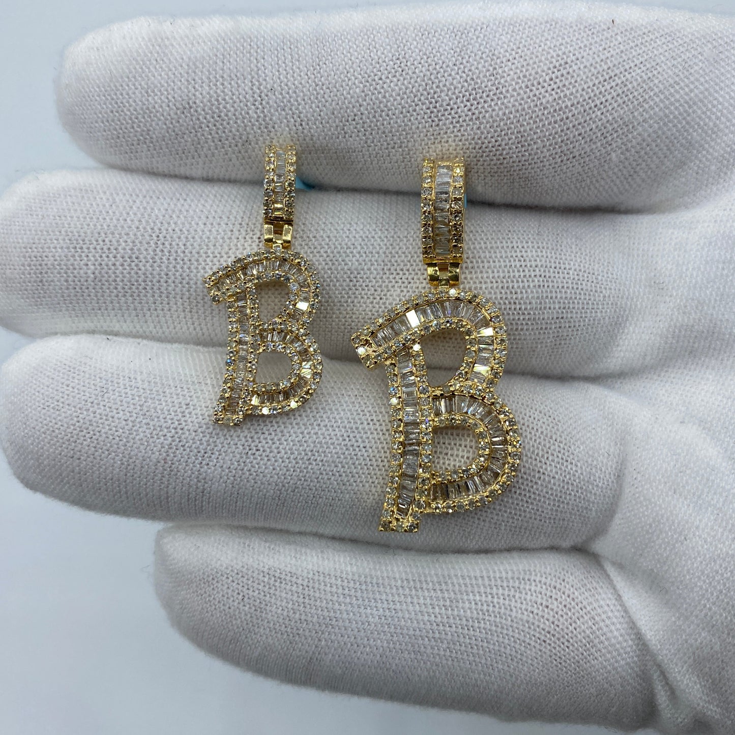 14K Initial B Diamond Baguette Pendant