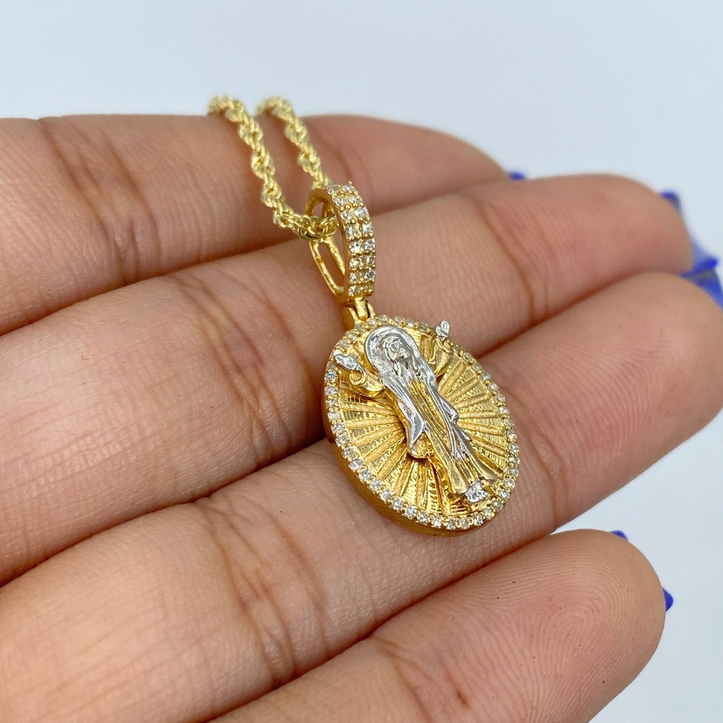 14K Jesus Save Us Medal Diamond Pendant