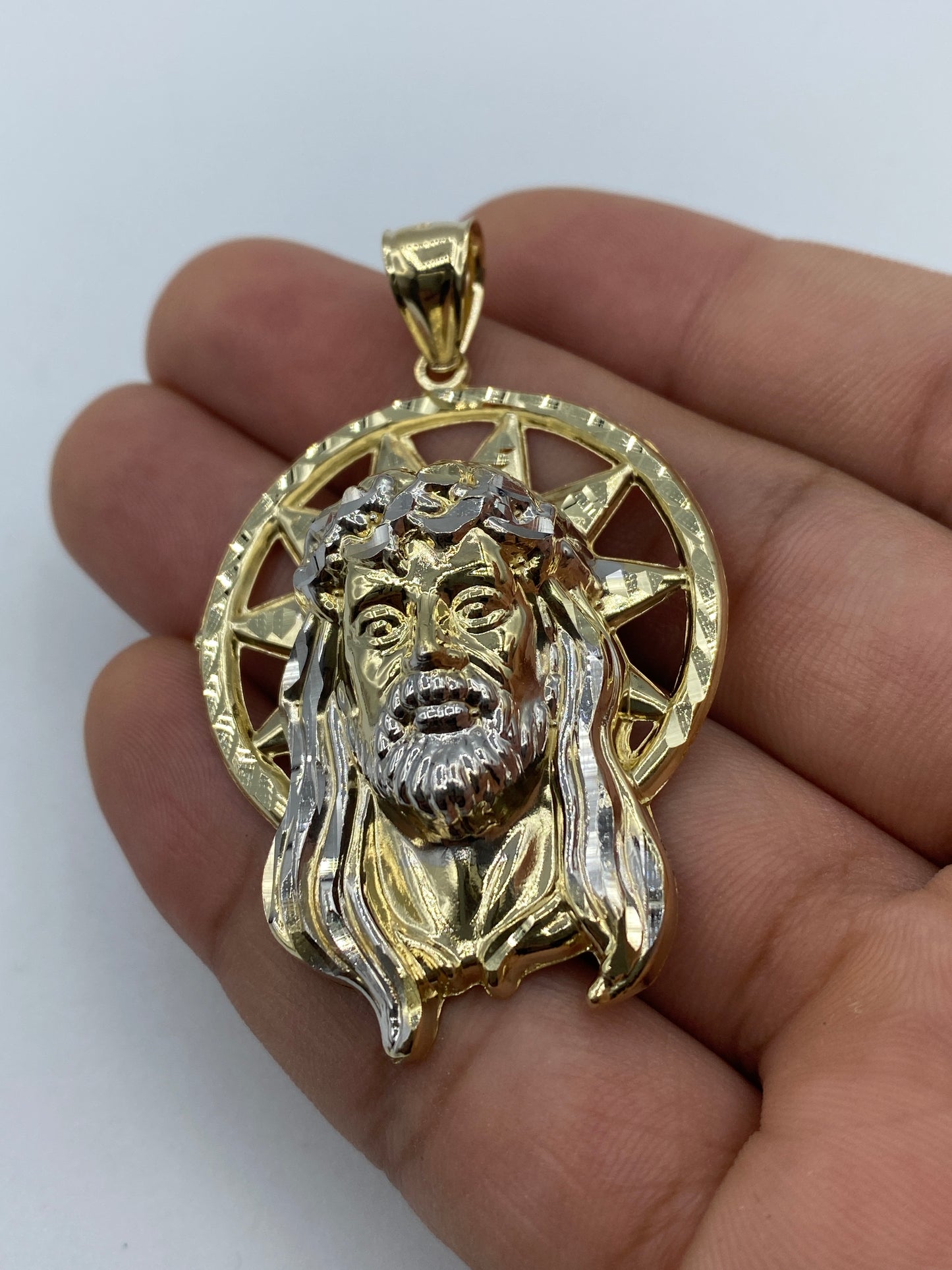 14K Jesus Head With Halo Pendant 2.2"