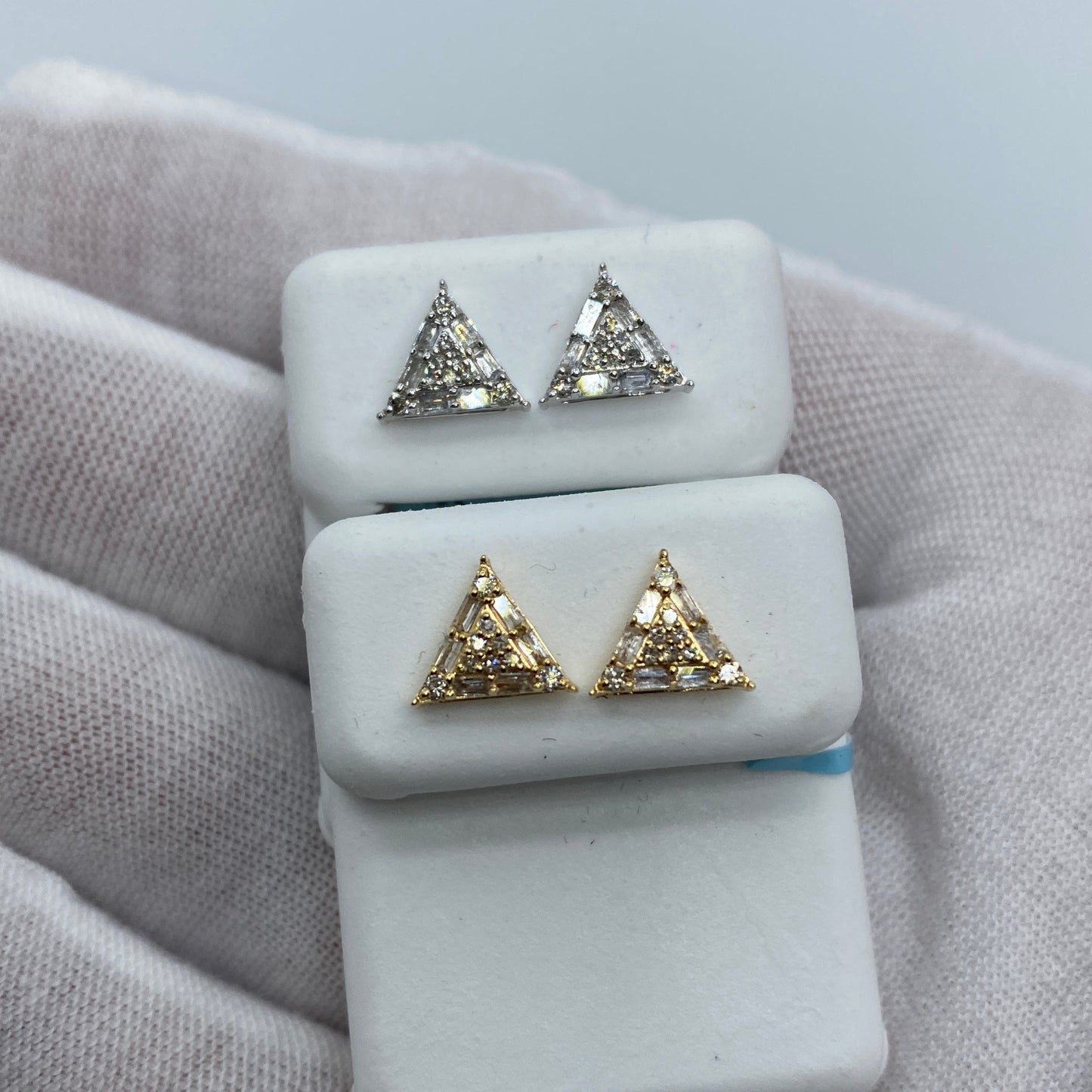 14K Equilateral Triangle Diamond Baguette Earrings