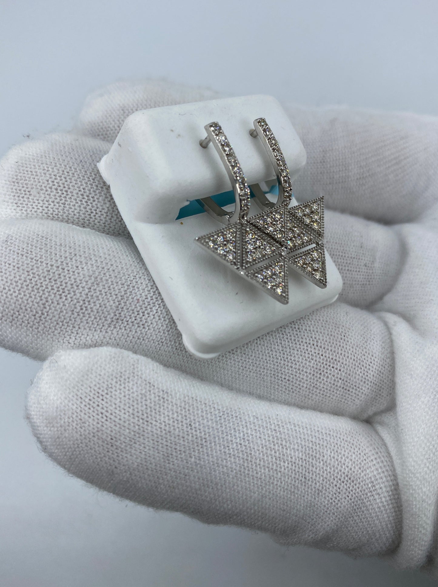 14K Hanging Pyramid Triangle Dangling Diamond Earrings