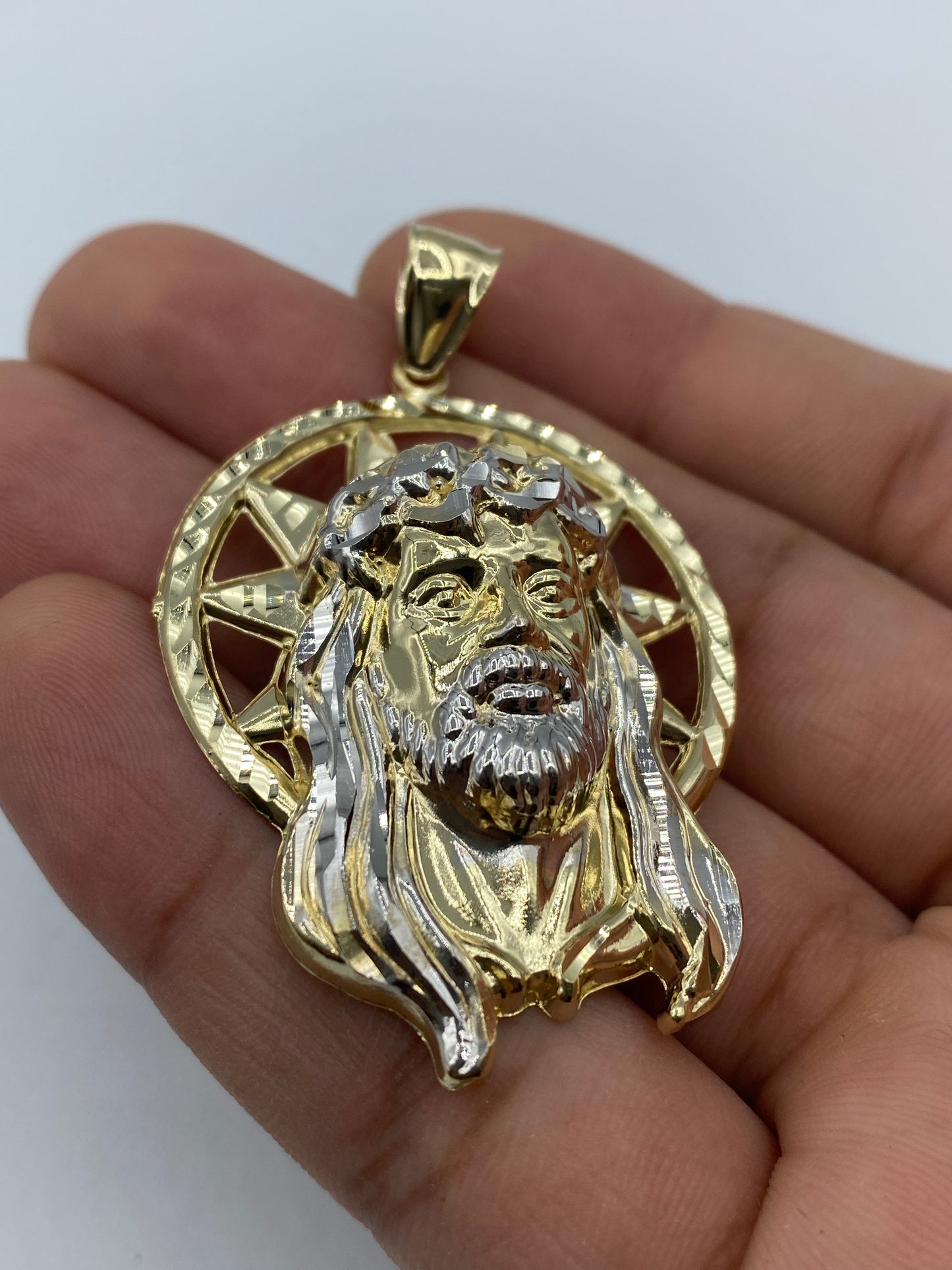 14K Jesus Head With Halo Pendant 2.2"