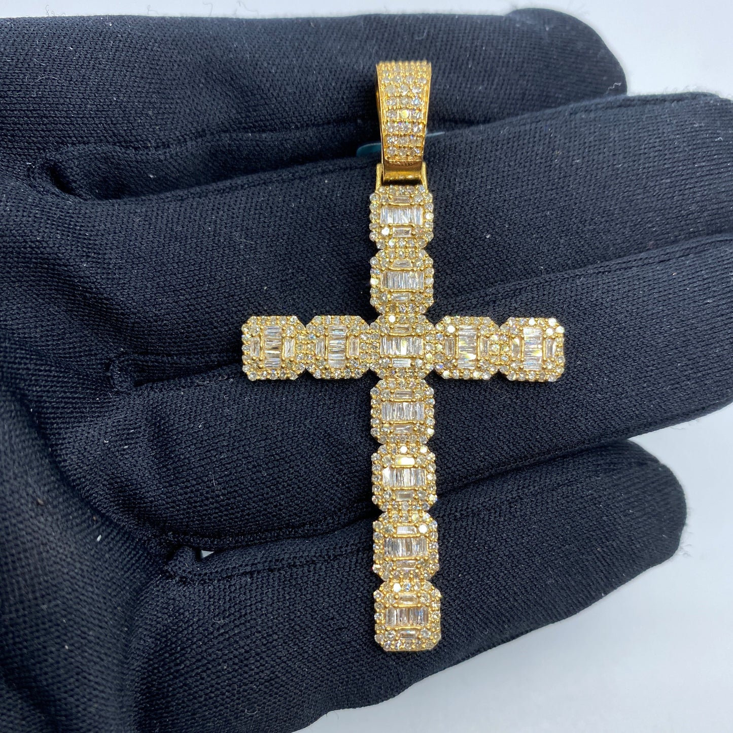 14K Square Cross Diamond Baguette Pendant