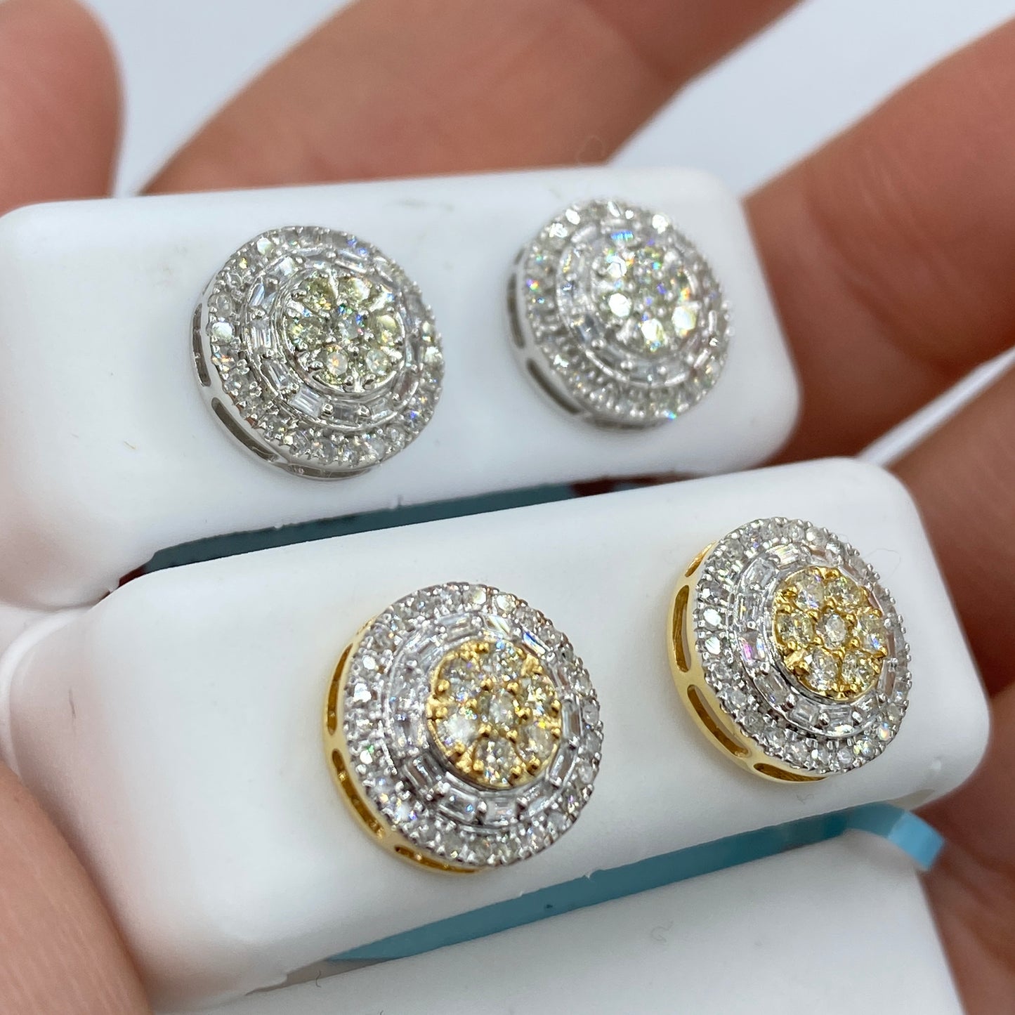 14K Jumbo Circle Flower Halo Diamond Baguette Earrings
