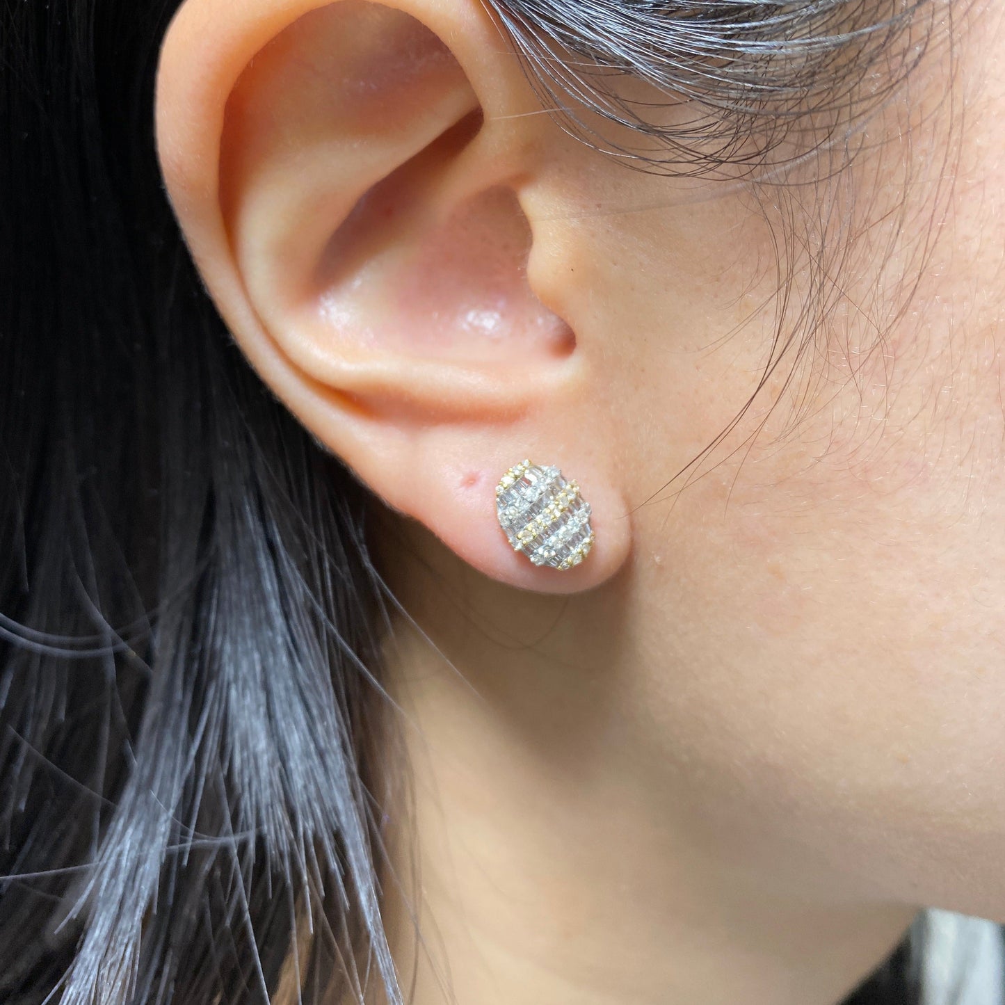 14K Large Oval Stacked Diamond Baguette Earrings