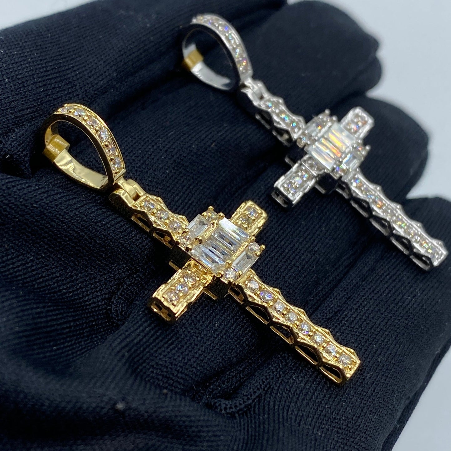 10K Budded Cross Square Diamond Baguette Pendant