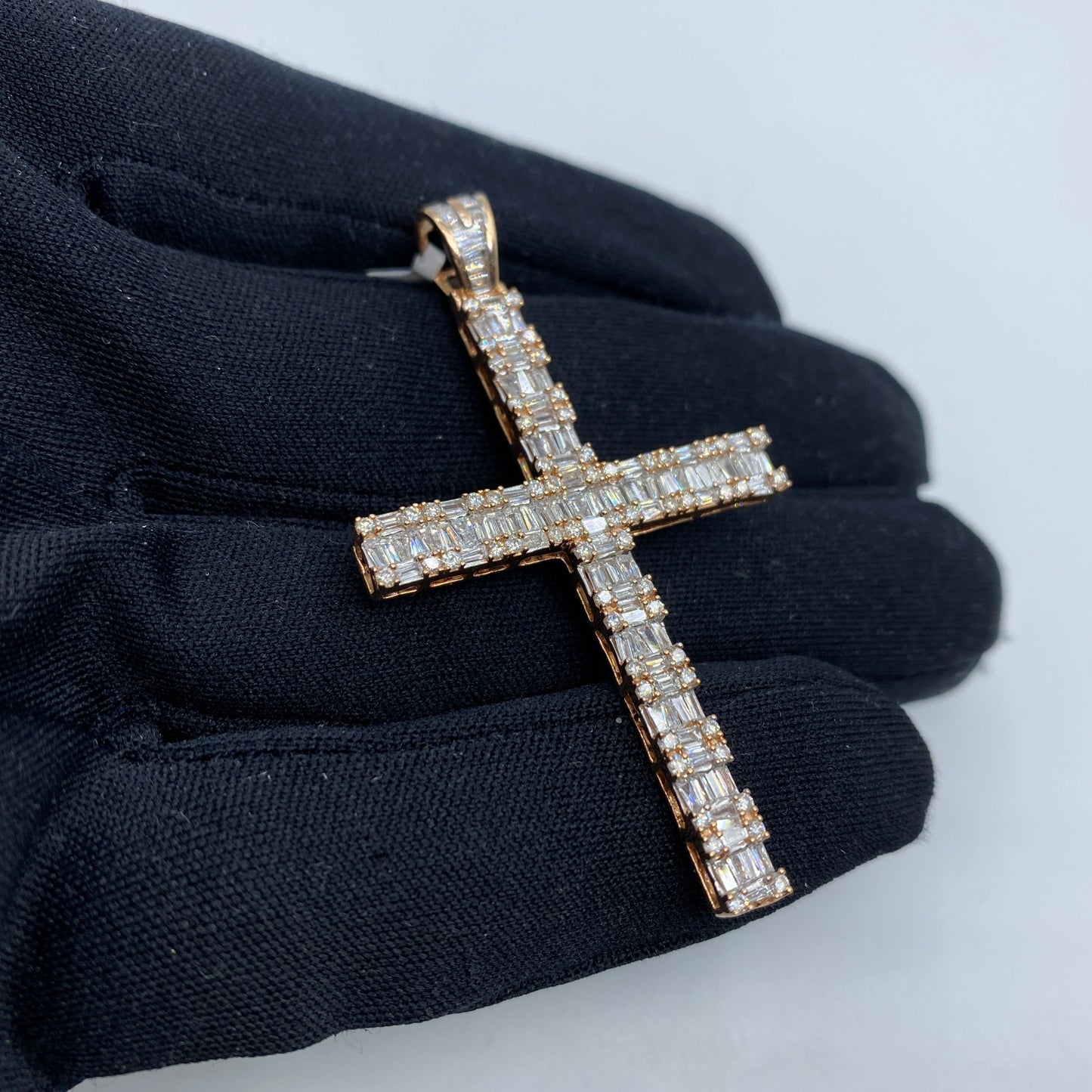 14K Rose Cross Diamond Baguette Pendant