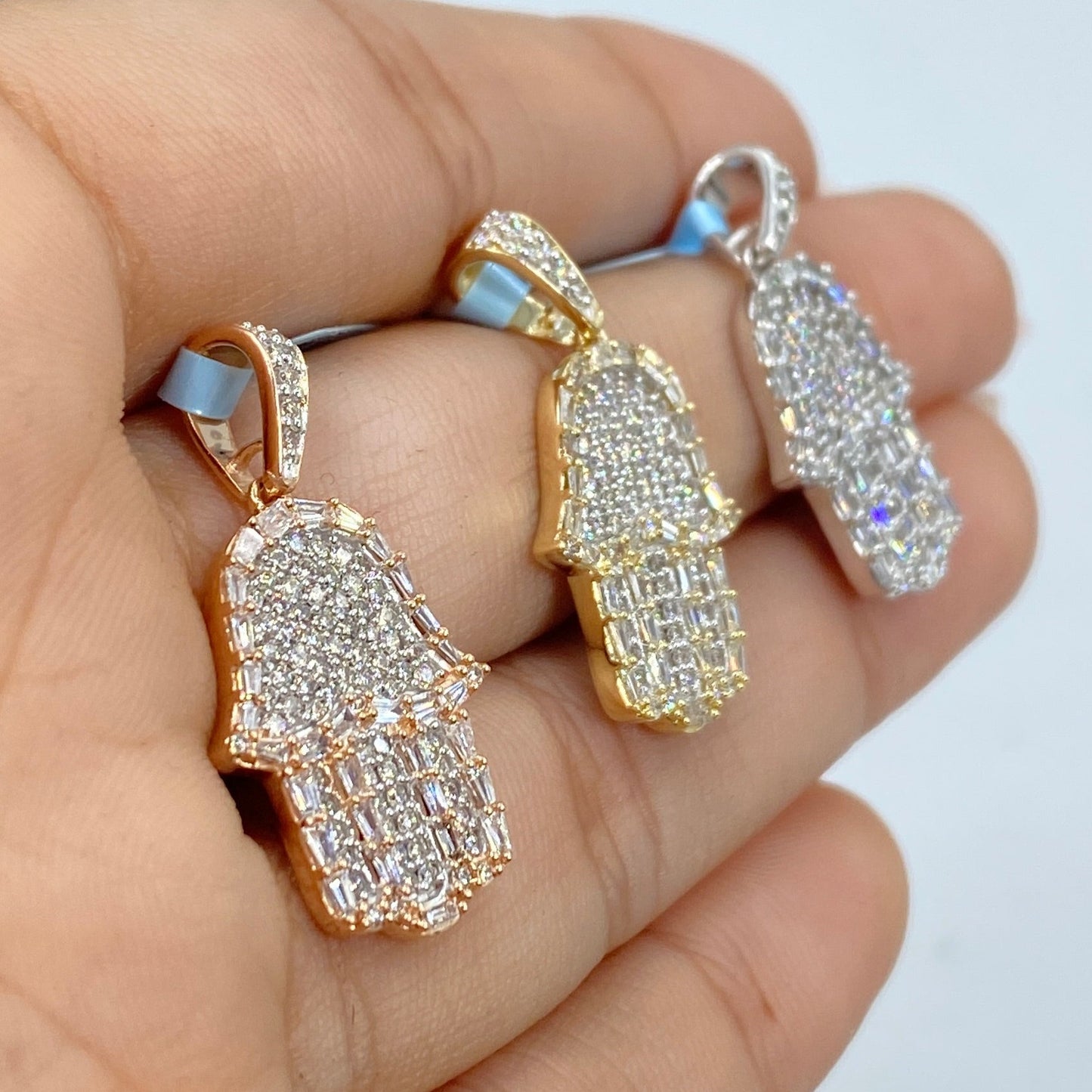 14K Hamsa Halo Diamond Baguette Pendant