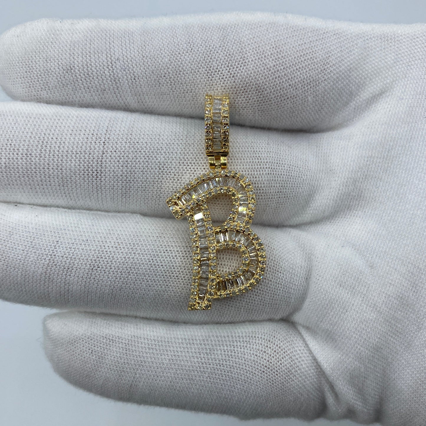 14K Initial B Diamond Baguette Pendant
