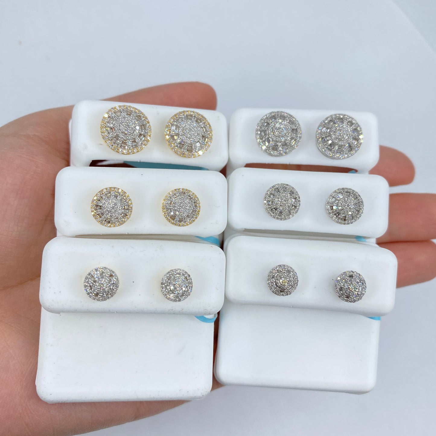 14K Circle Cake Halo Diamond Baguette Earrings