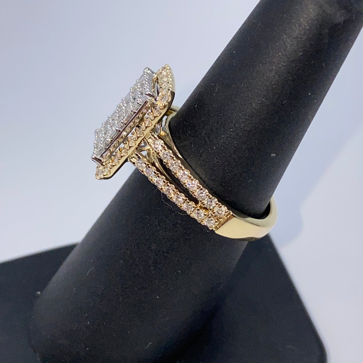 14K Rectangle Halo Diamond Baguette Ring
