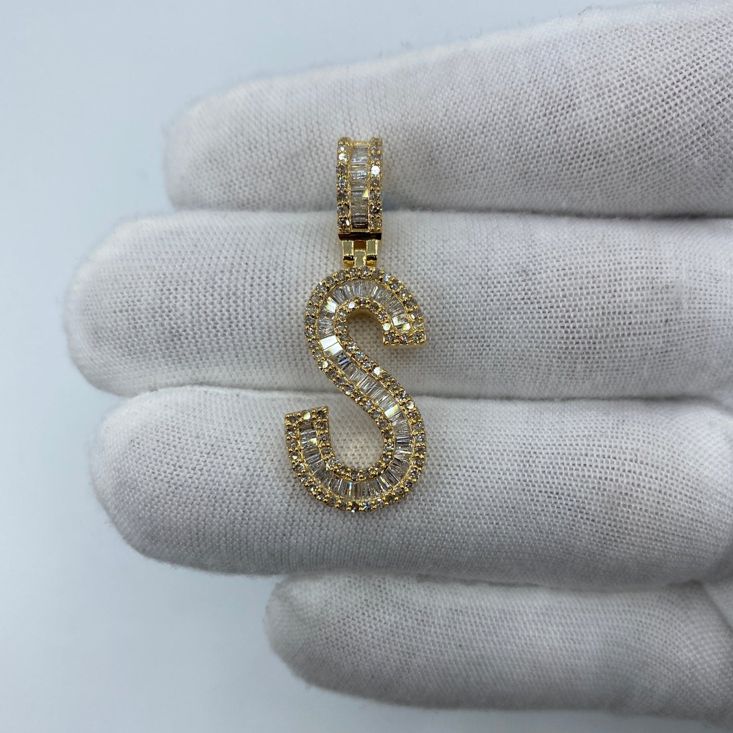 14K Initial S Diamond Baguette Pendant