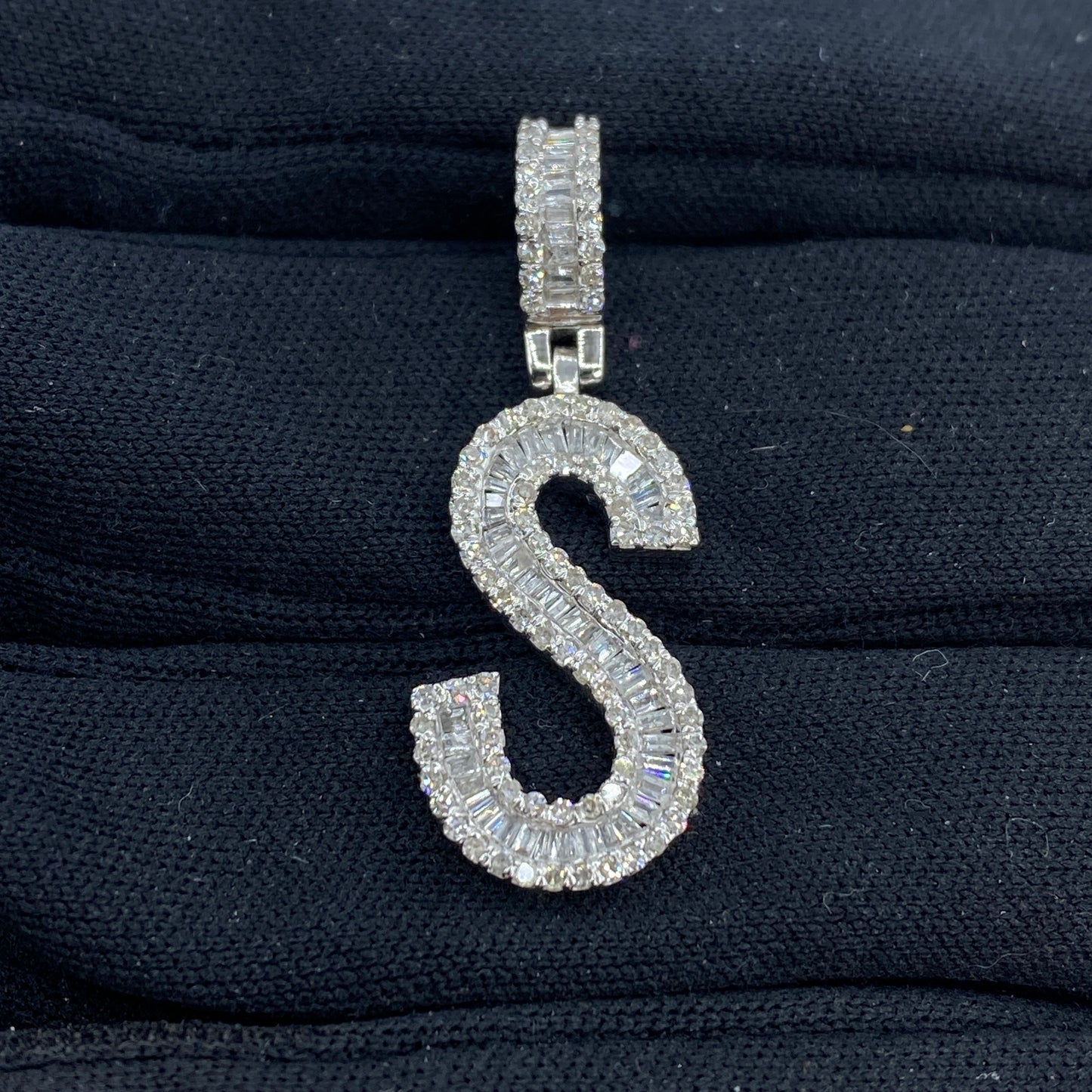 14K Initial S Diamond Baguette Pendant