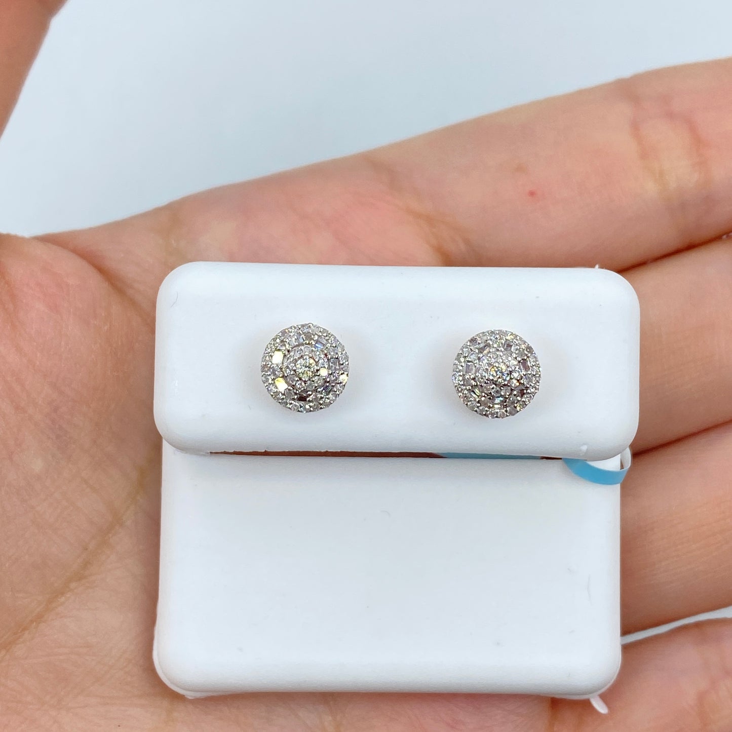 14K Gold 3D Circle Halo Diamond Baguette Earrings