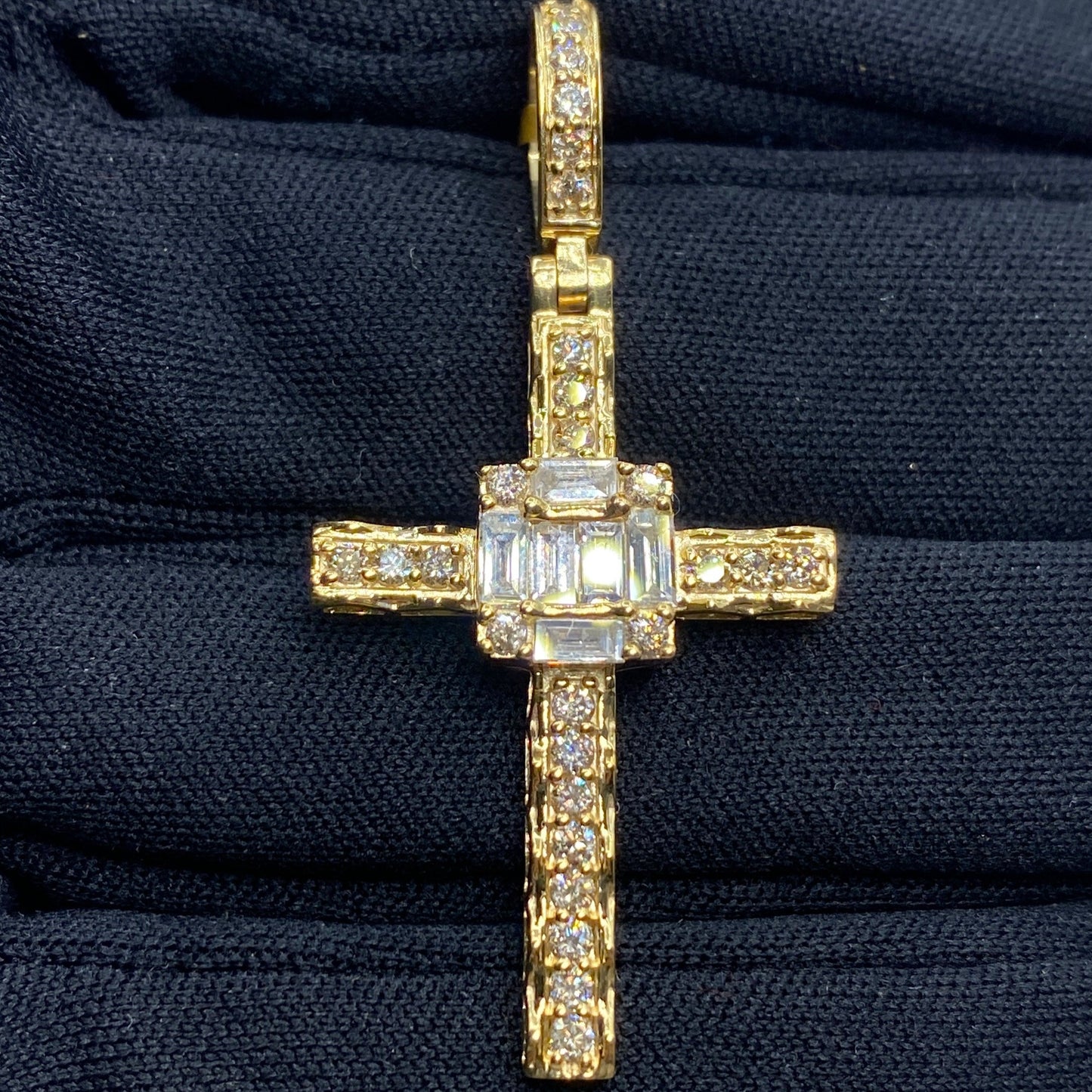 10K Budded Cross Square Diamond Baguette Pendant
