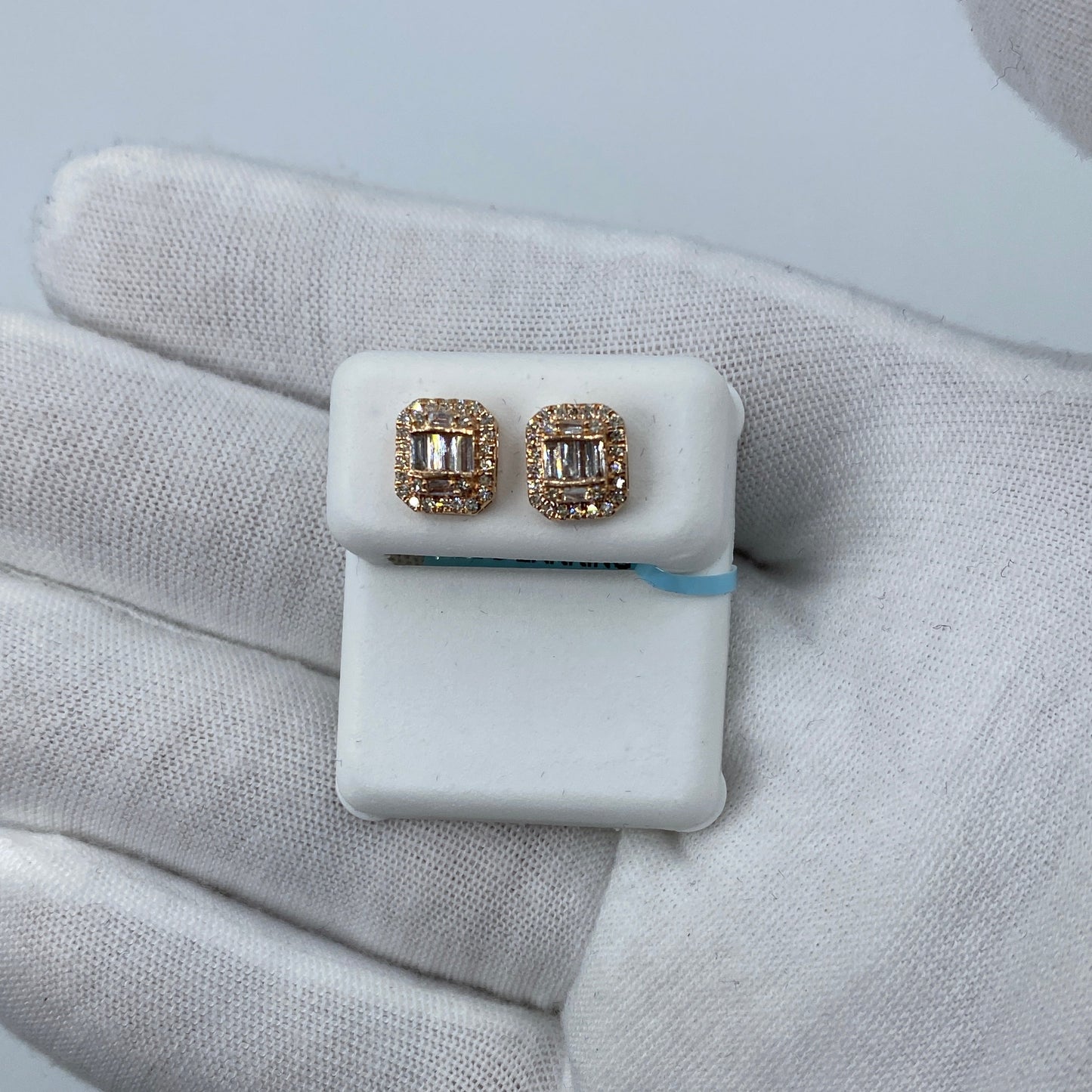 14K Large Rectangle Halo Diamond Baguette Earrings