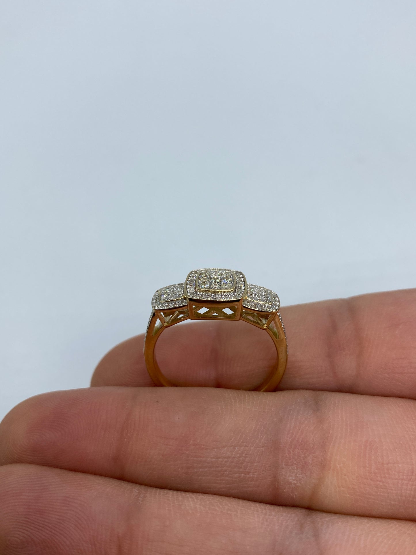 14K Rounded Tri-stone Square Cluster Diamond Engagement Ring