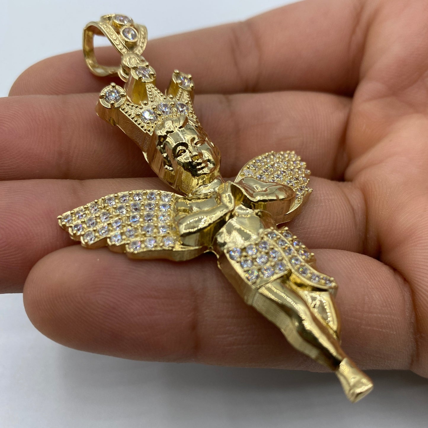 14K Baby Angel With Crown Pendant 3.0"