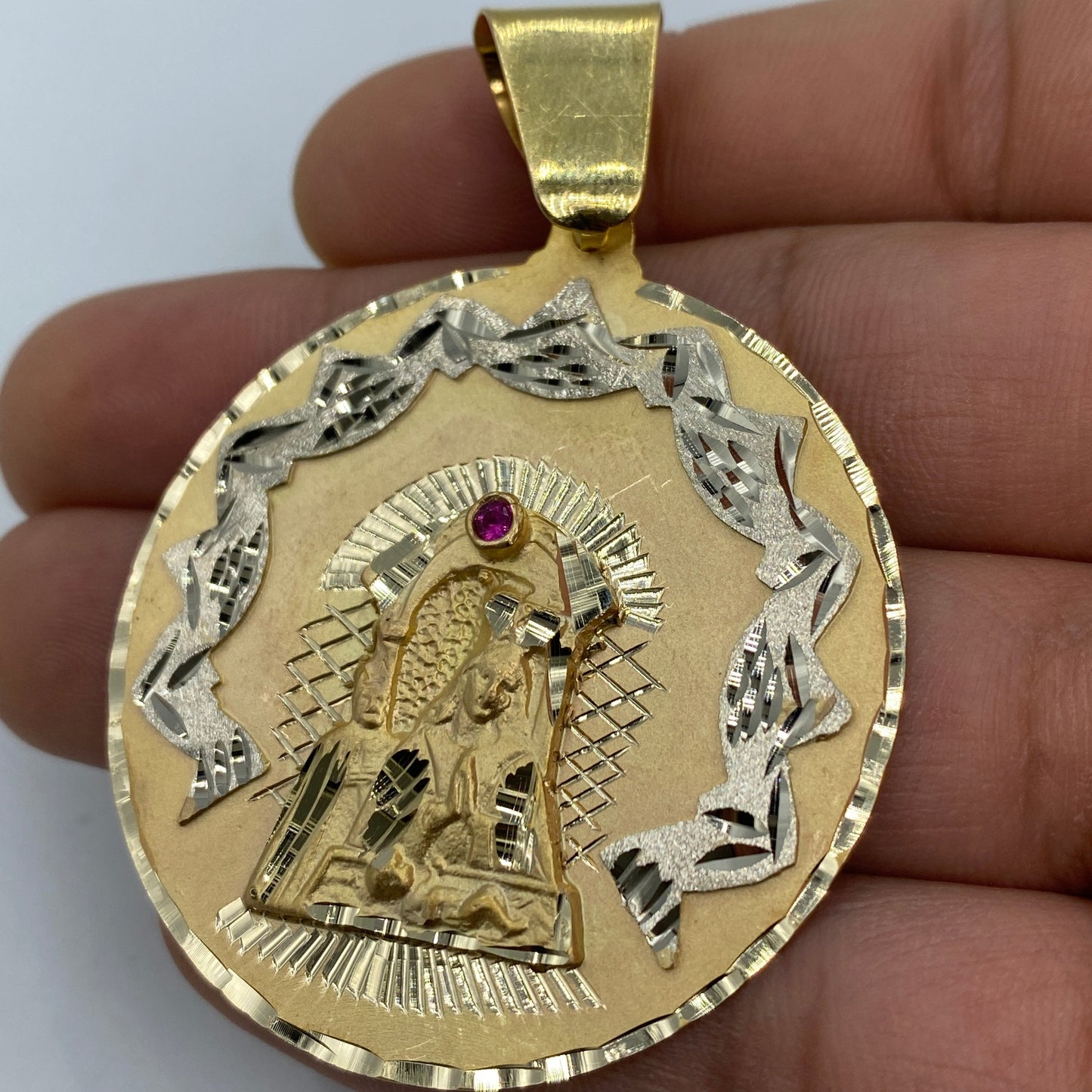 14K Saint Caridad del Cobre Round Medallion Pendant 2.5"