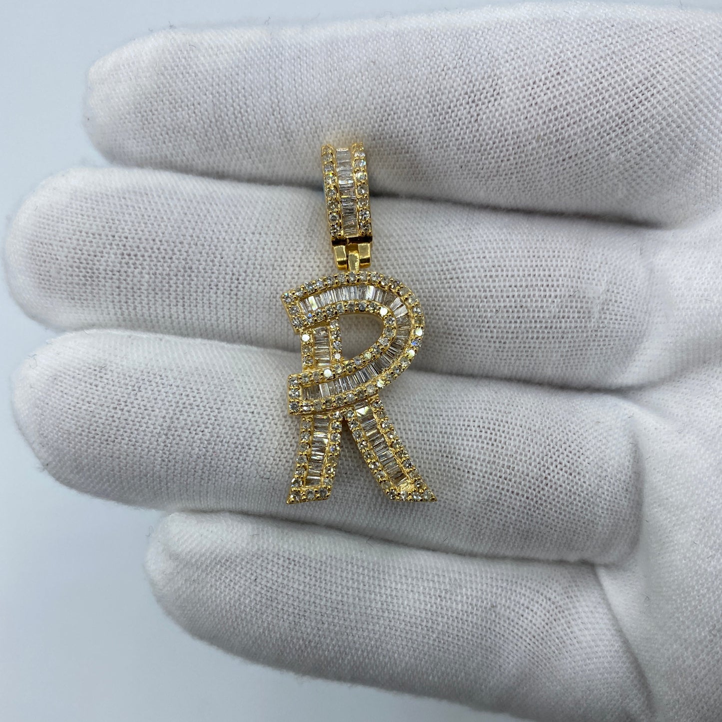 14K Initial R Diamond Baguette Pendant