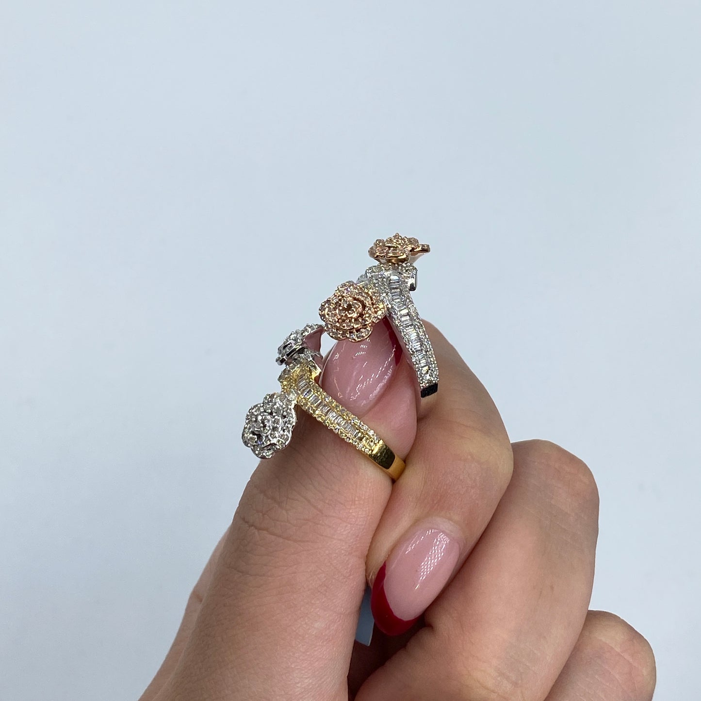 14K Two-Tone Flower Diamond Baguette Bangle Ring