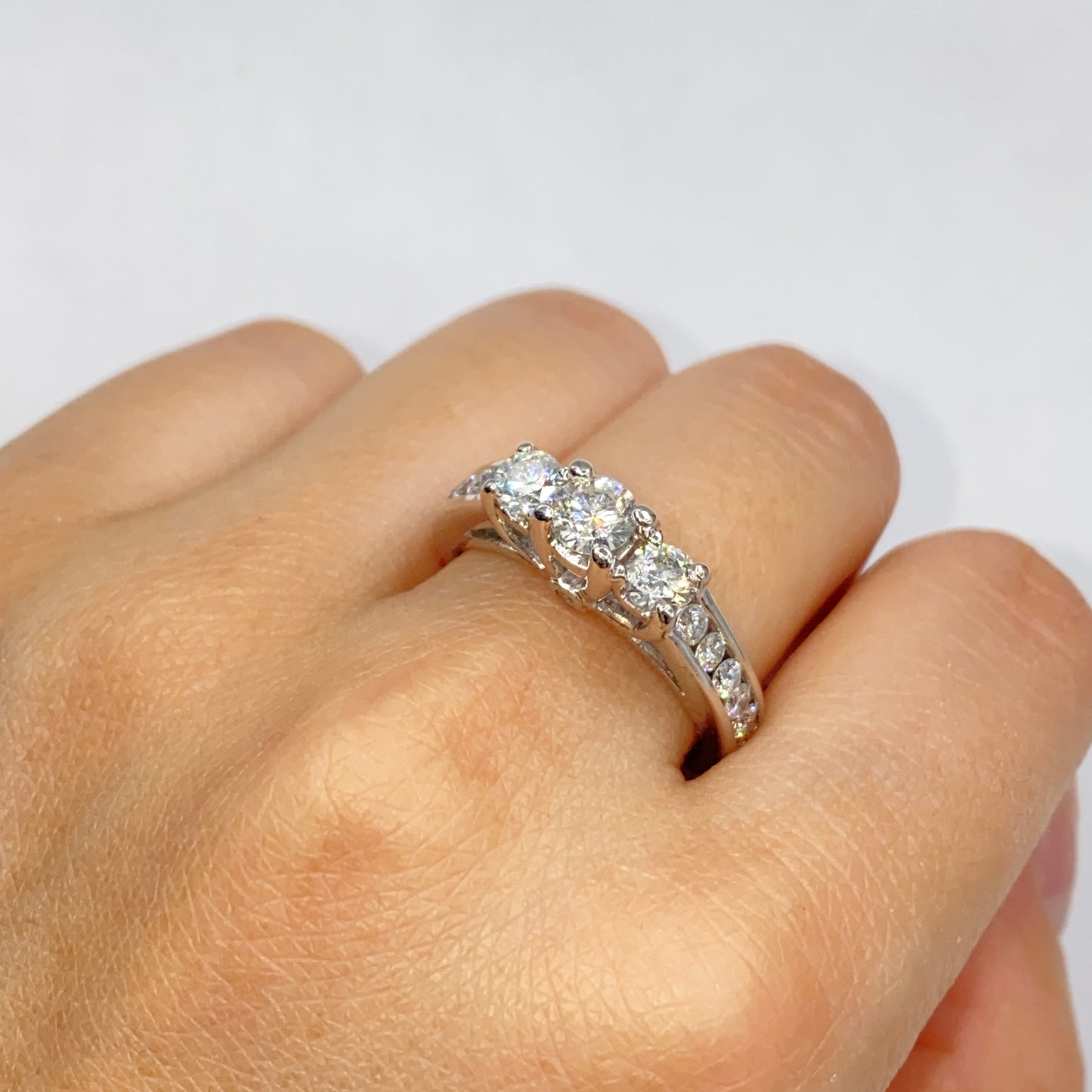 14K Three Stone Pave Diamond Engagement Ring