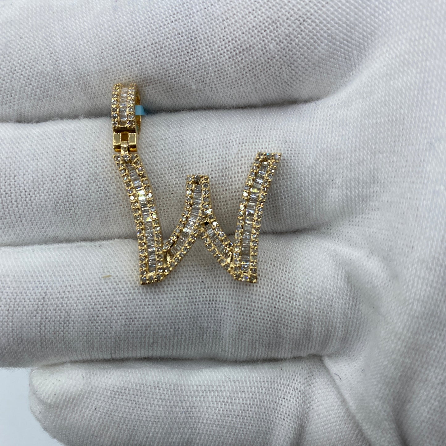 14K Initial W Diamond Baguette Pendant
