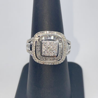 10K Large Stone Center Square Halo Diamond Baguette Engagement Ring