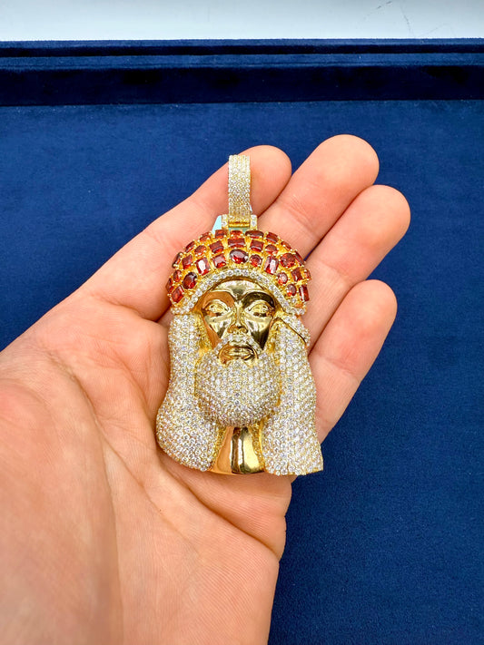 Jumbo Red Garnet Crown Jesus Head Pendant