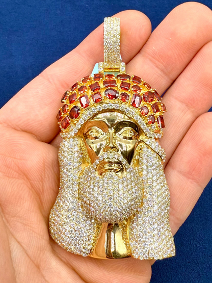 Jumbo Red Garnet Crown Jesus Head Pendant