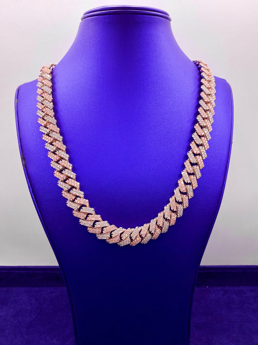 10k 16Mm Two-Tone Rose and White Diamond Cuban Chain 22.5”